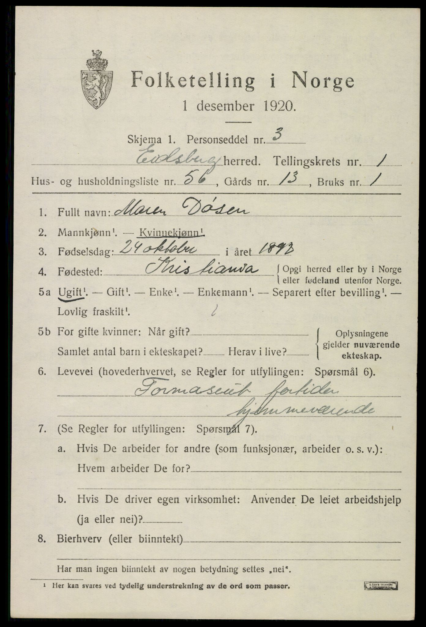 SAO, Folketelling 1920 for 0125 Eidsberg herred, 1920, s. 2585