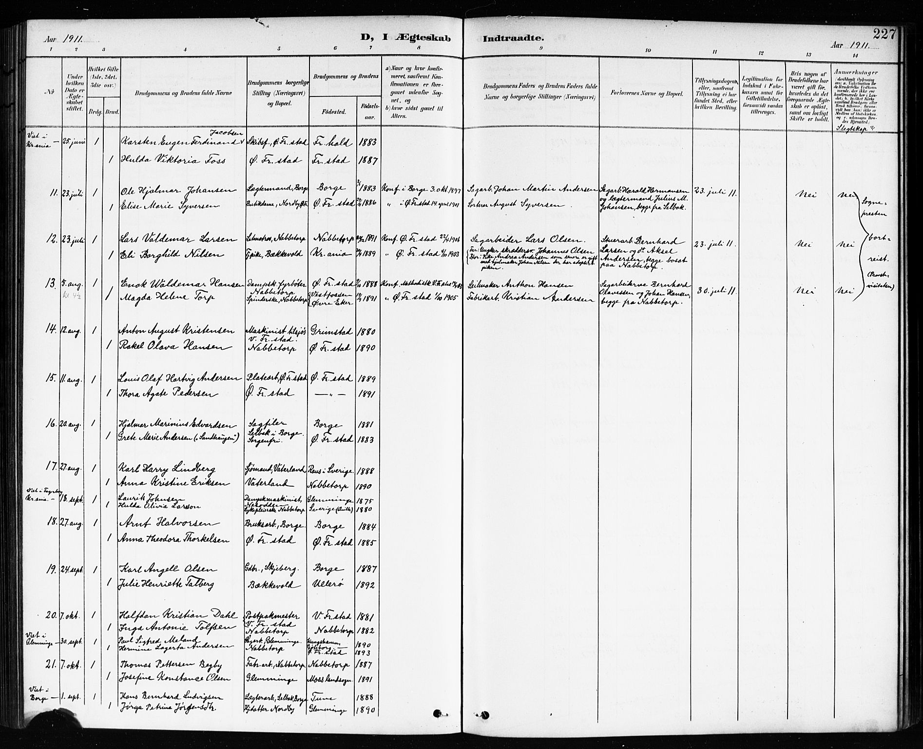 Østre Fredrikstad prestekontor Kirkebøker, AV/SAO-A-10907/G/Ga/L0002: Klokkerbok nr. 2, 1900-1919, s. 227