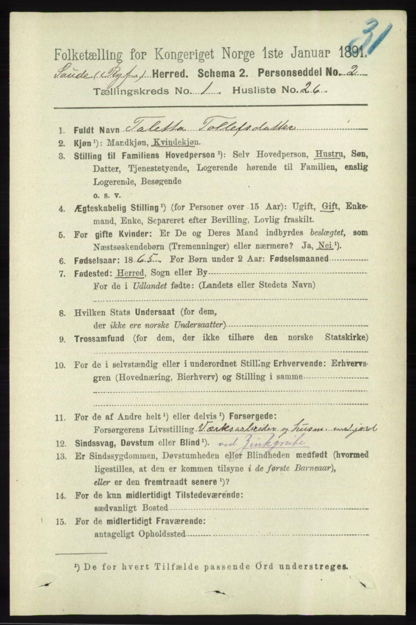 RA, Folketelling 1891 for 1135 Sauda herred, 1891, s. 223