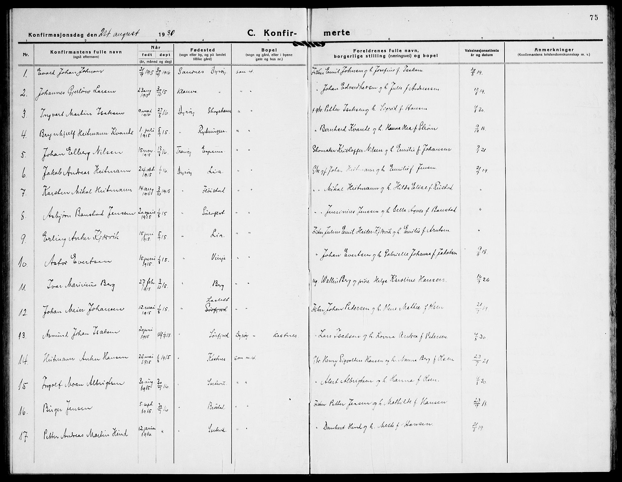 Tranøy sokneprestkontor, AV/SATØ-S-1313/I/Ia/Iab/L0016klokker: Klokkerbok nr. 16, 1930-1945, s. 75