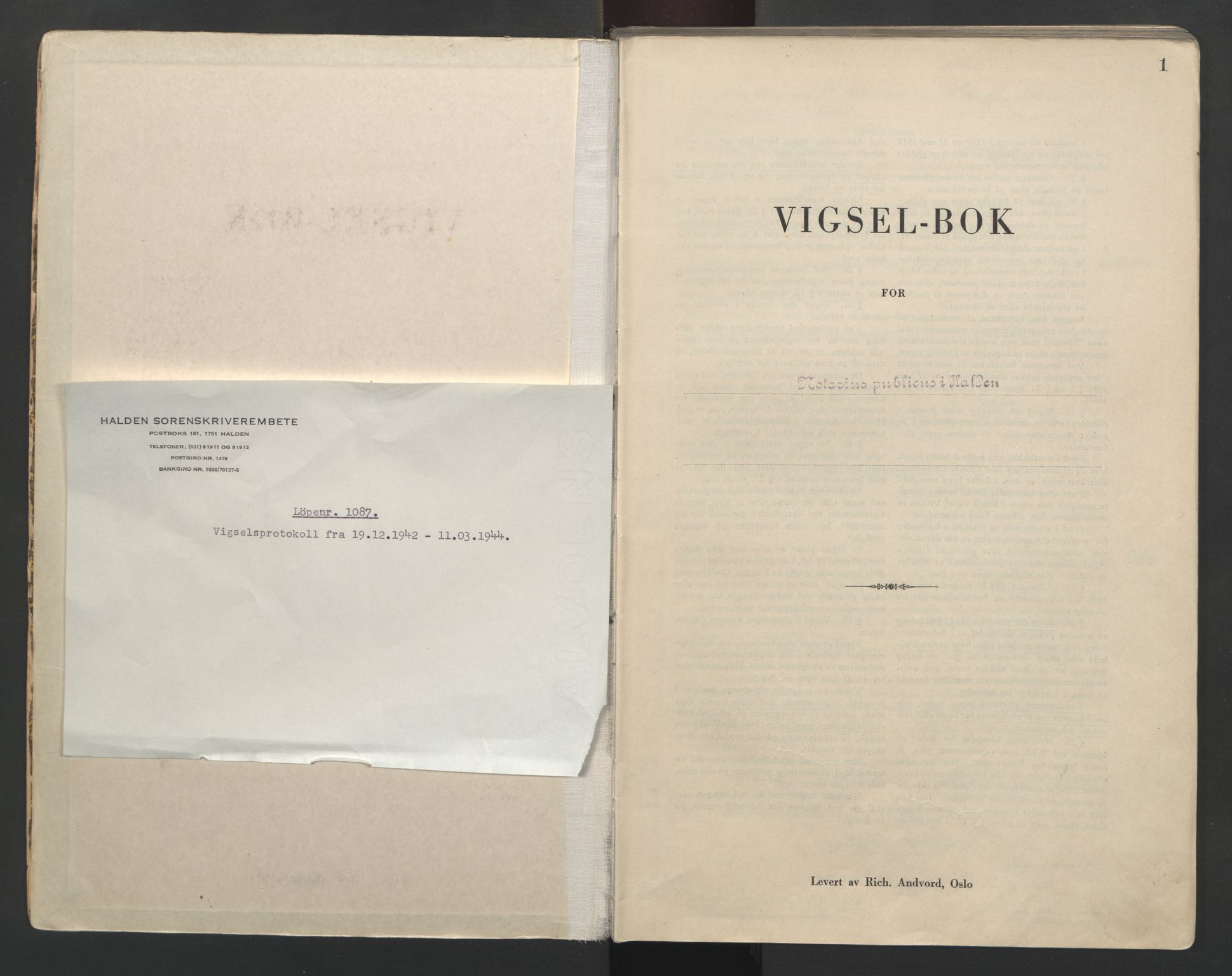 Idd og Marker sorenskriveri, SAO/A-10283/L/Lc/L0001/0002: Vigselsbøker / Vigselsbok, 1942-1944, s. 1