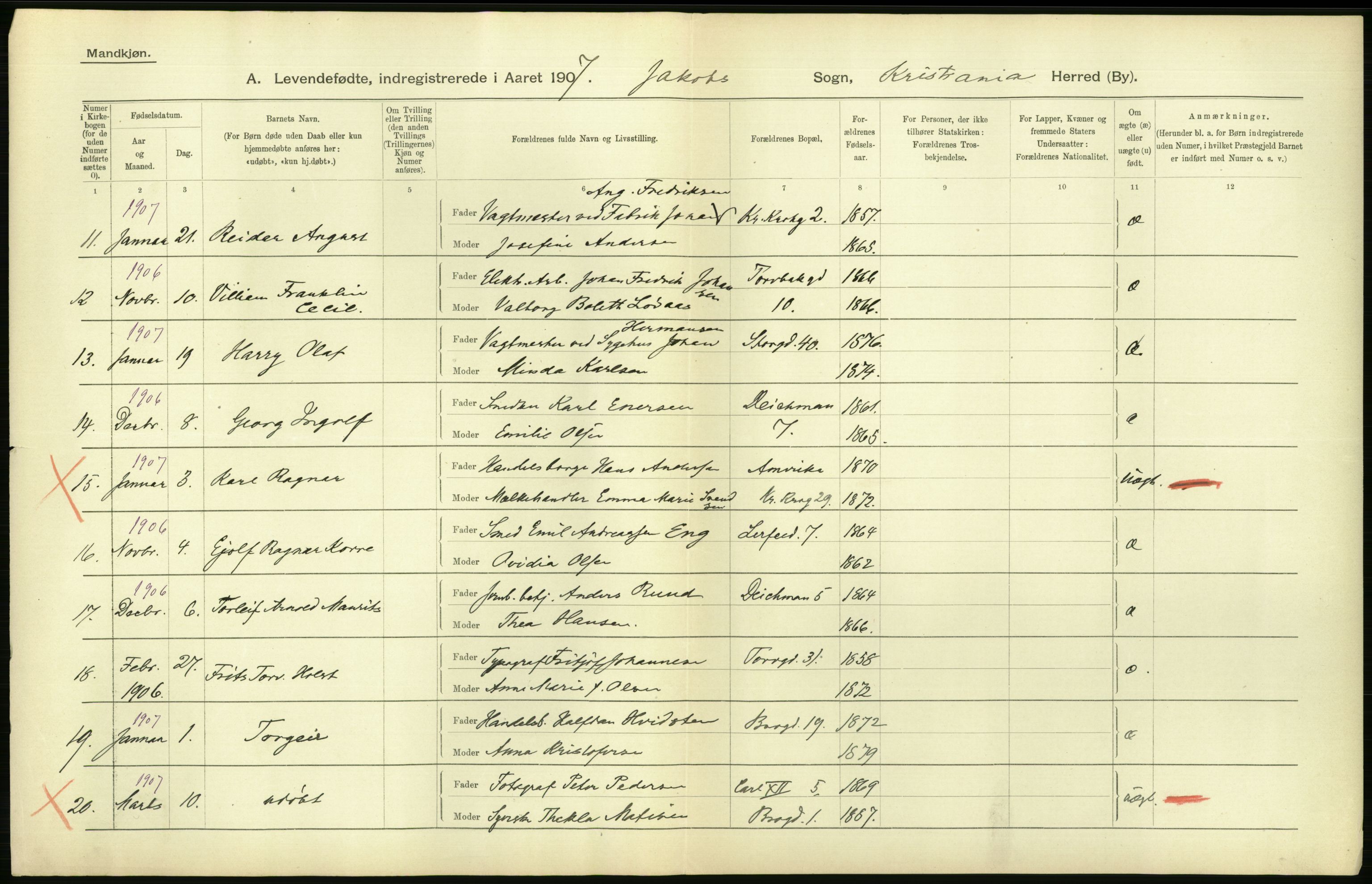 Statistisk sentralbyrå, Sosiodemografiske emner, Befolkning, AV/RA-S-2228/D/Df/Dfa/Dfae/L0007: Kristiania: Levendefødte menn og kvinner., 1907, s. 390