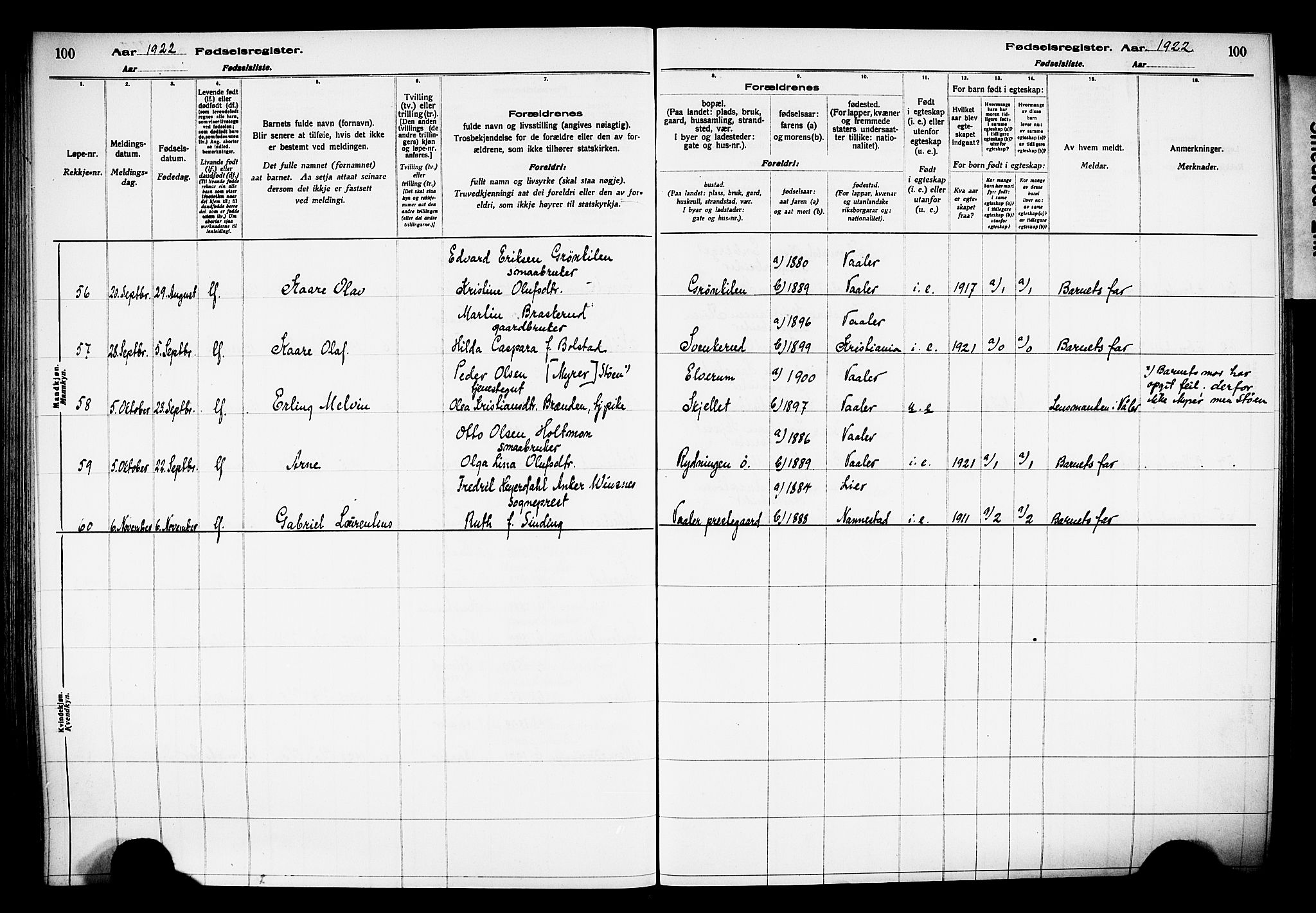 Våler prestekontor, Hedmark, AV/SAH-PREST-040/I/Id/L0001: Fødselsregister nr. 1, 1916-1930, s. 100