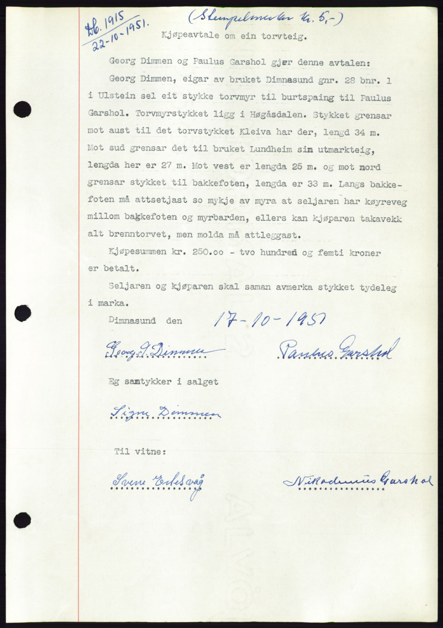 Søre Sunnmøre sorenskriveri, AV/SAT-A-4122/1/2/2C/L0090: Pantebok nr. 16A, 1951-1951, Dagboknr: 1915/1951