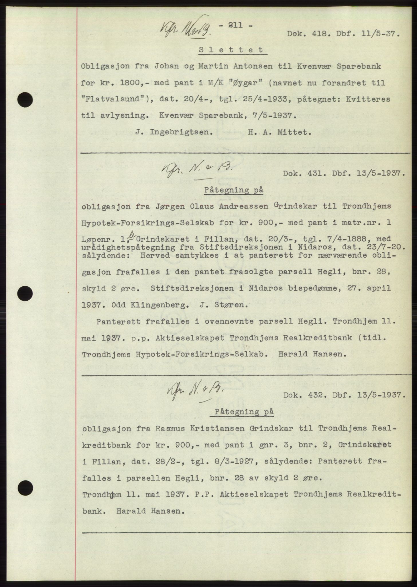 Hitra sorenskriveri, AV/SAT-A-0018/2/2C/2Ca: Pantebok nr. C1, 1936-1945, Dagboknr: 418/1937