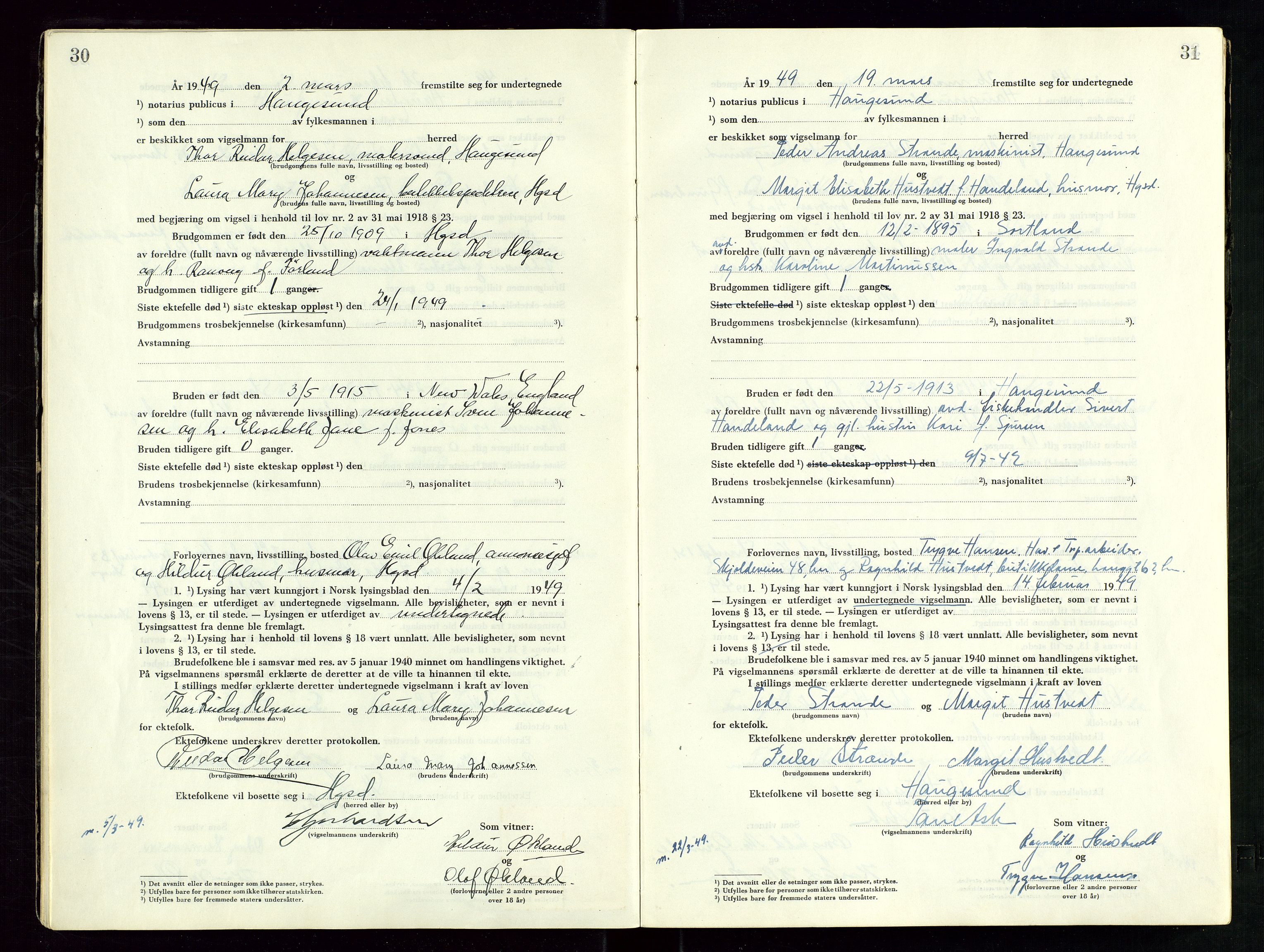 Haugesund tingrett, AV/SAST-A-101415/01/III/IIID/L0006: Vigselbok, 1948-1956, s. 30-31