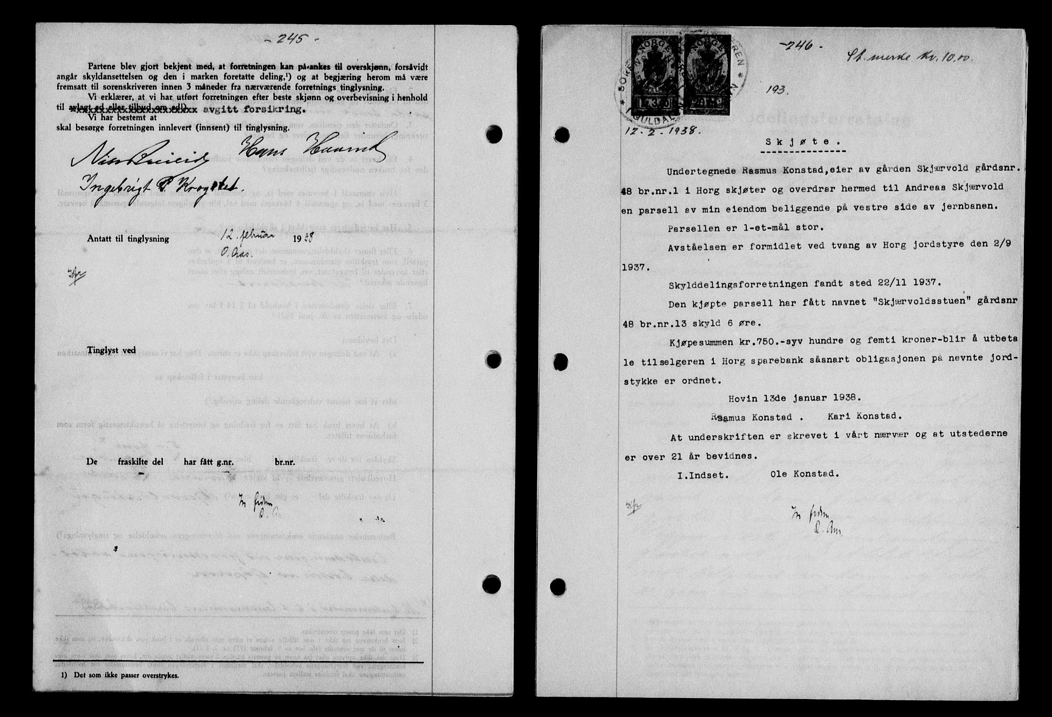 Gauldal sorenskriveri, SAT/A-0014/1/2/2C/L0048: Pantebok nr. 51-52, 1937-1938, s. 245, Dagboknr: 193/1938