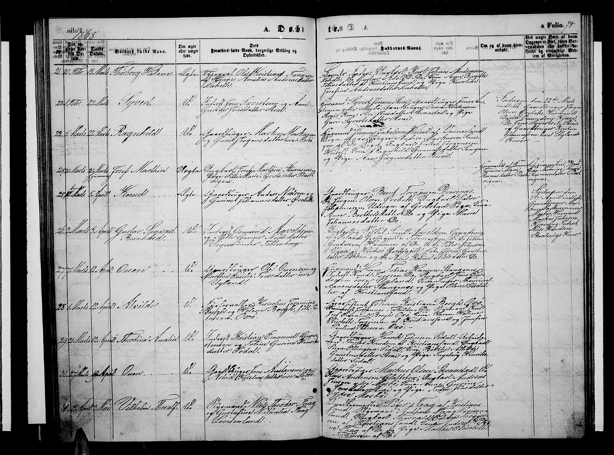 Oddernes sokneprestkontor, AV/SAK-1111-0033/F/Fb/Fba/L0006: Klokkerbok nr. B 6 /1, 1860-1869, s. 74