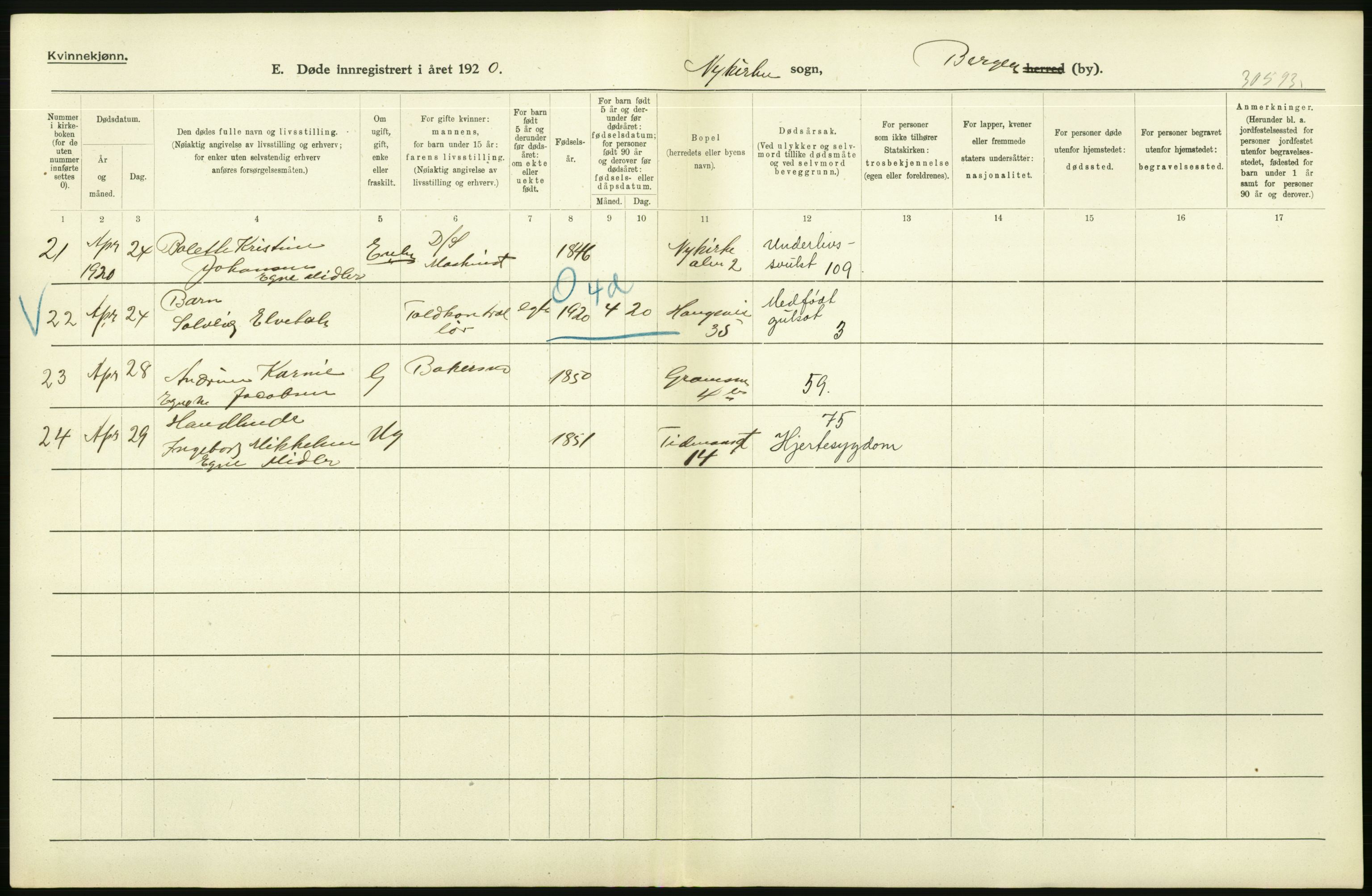 Statistisk sentralbyrå, Sosiodemografiske emner, Befolkning, AV/RA-S-2228/D/Df/Dfb/Dfbj/L0042: Bergen: Gifte, døde, dødfødte., 1920, s. 560