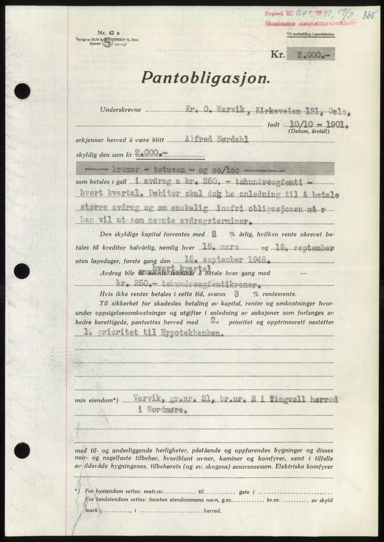 Nordmøre sorenskriveri, SAT/A-4132/1/2/2Ca: Pantebok nr. B98, 1948-1948, Dagboknr: 642/1948