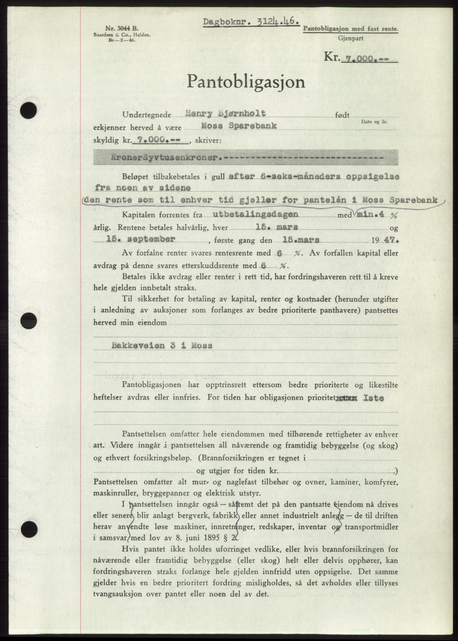 Moss sorenskriveri, SAO/A-10168: Pantebok nr. B16, 1946-1947, Dagboknr: 3124/1946