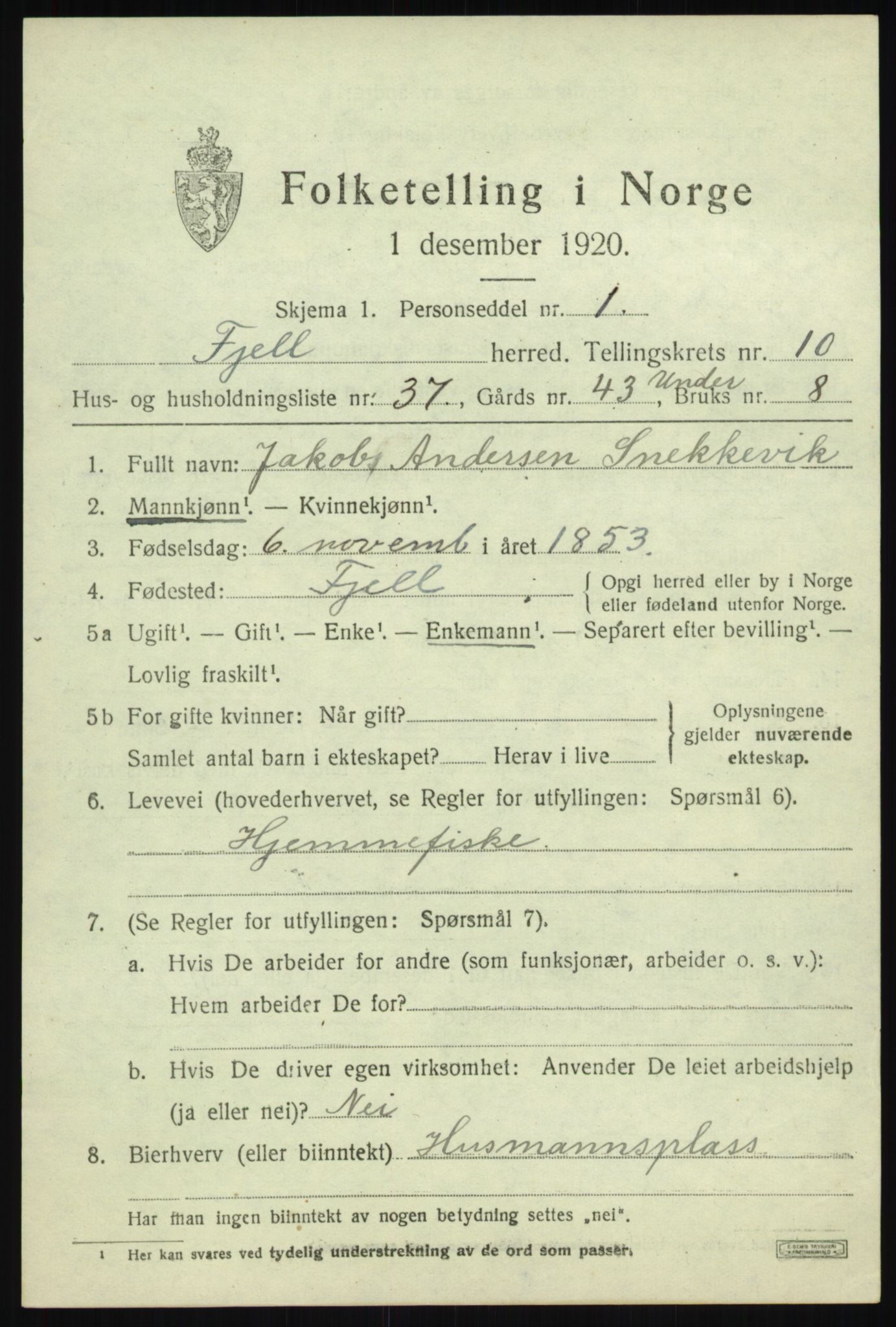 SAB, Folketelling 1920 for 1246 Fjell herred, 1920, s. 9576