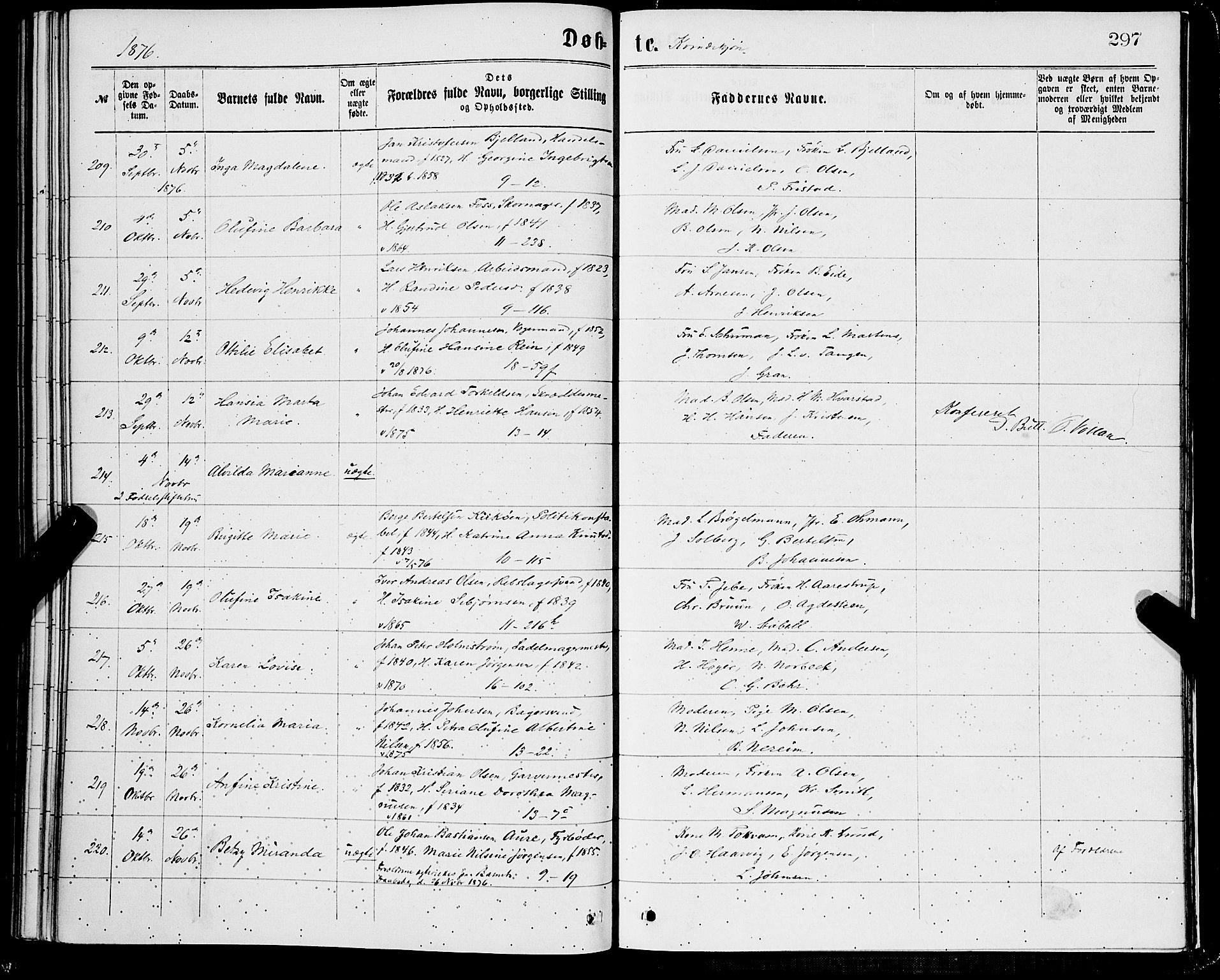 Domkirken sokneprestembete, AV/SAB-A-74801/H/Hab/L0013: Klokkerbok nr. B 6, 1869-1876, s. 297