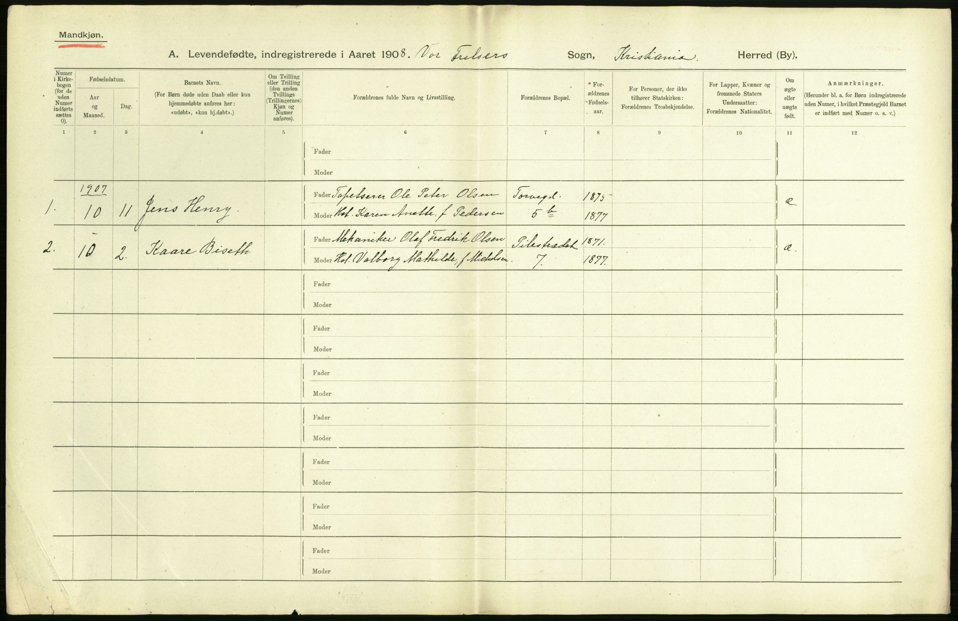 Statistisk sentralbyrå, Sosiodemografiske emner, Befolkning, AV/RA-S-2228/D/Df/Dfa/Dfaf/L0005: Kristiania: Levendefødte menn og kvinner., 1908, s. 288