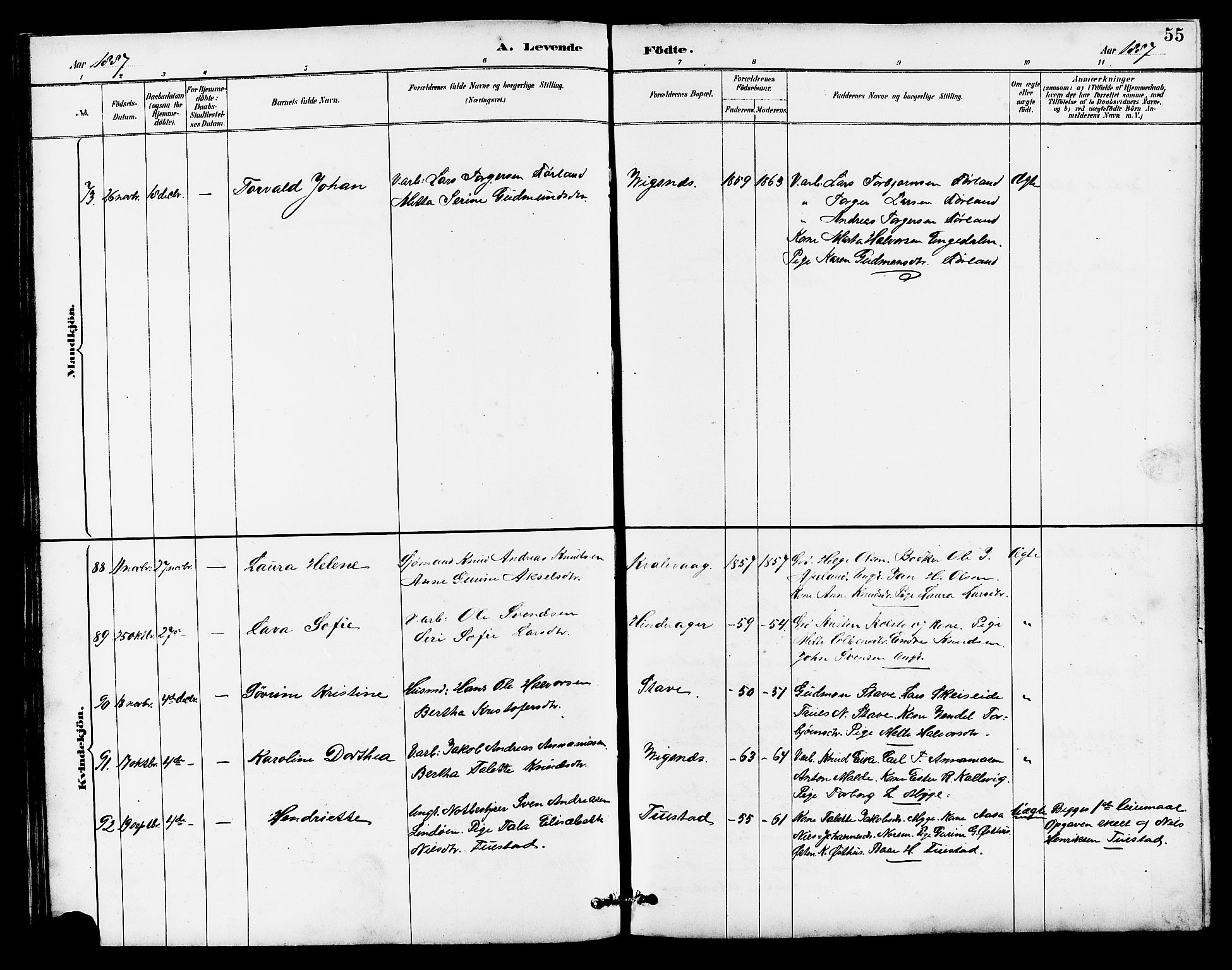 Avaldsnes sokneprestkontor, AV/SAST-A -101851/H/Ha/Hab/L0007: Klokkerbok nr. B 7, 1885-1909, s. 55