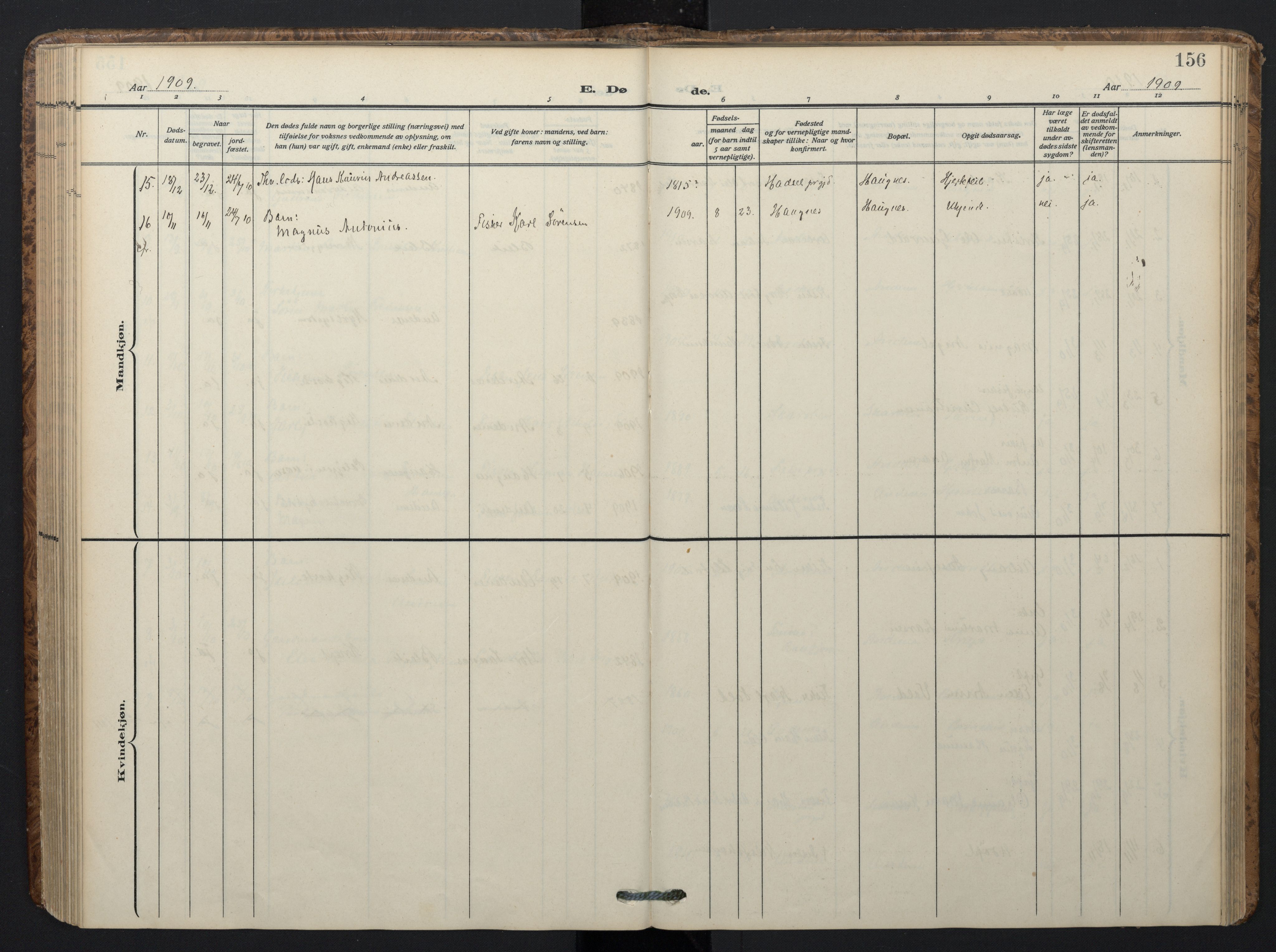 Ministerialprotokoller, klokkerbøker og fødselsregistre - Nordland, AV/SAT-A-1459/899/L1438: Ministerialbok nr. 899A06, 1909-1922, s. 156