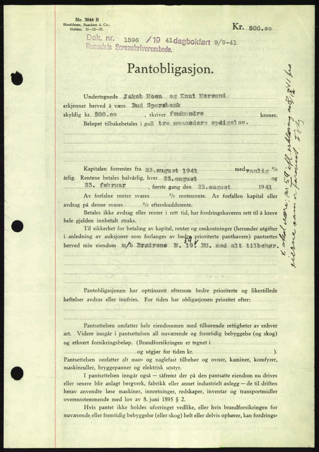 Romsdal sorenskriveri, SAT/A-4149/1/2/2C: Pantebok nr. B2, 1939-1945, Dagboknr: 1596/1941