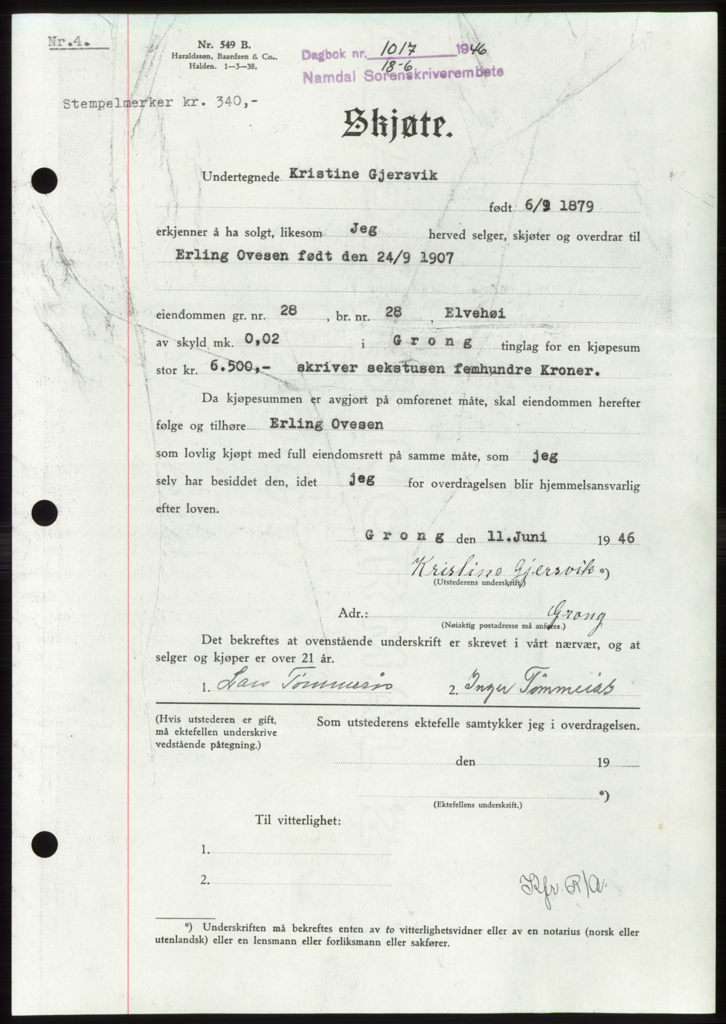 Namdal sorenskriveri, SAT/A-4133/1/2/2C: Pantebok nr. -, 1946-1946, Dagboknr: 1017/1946