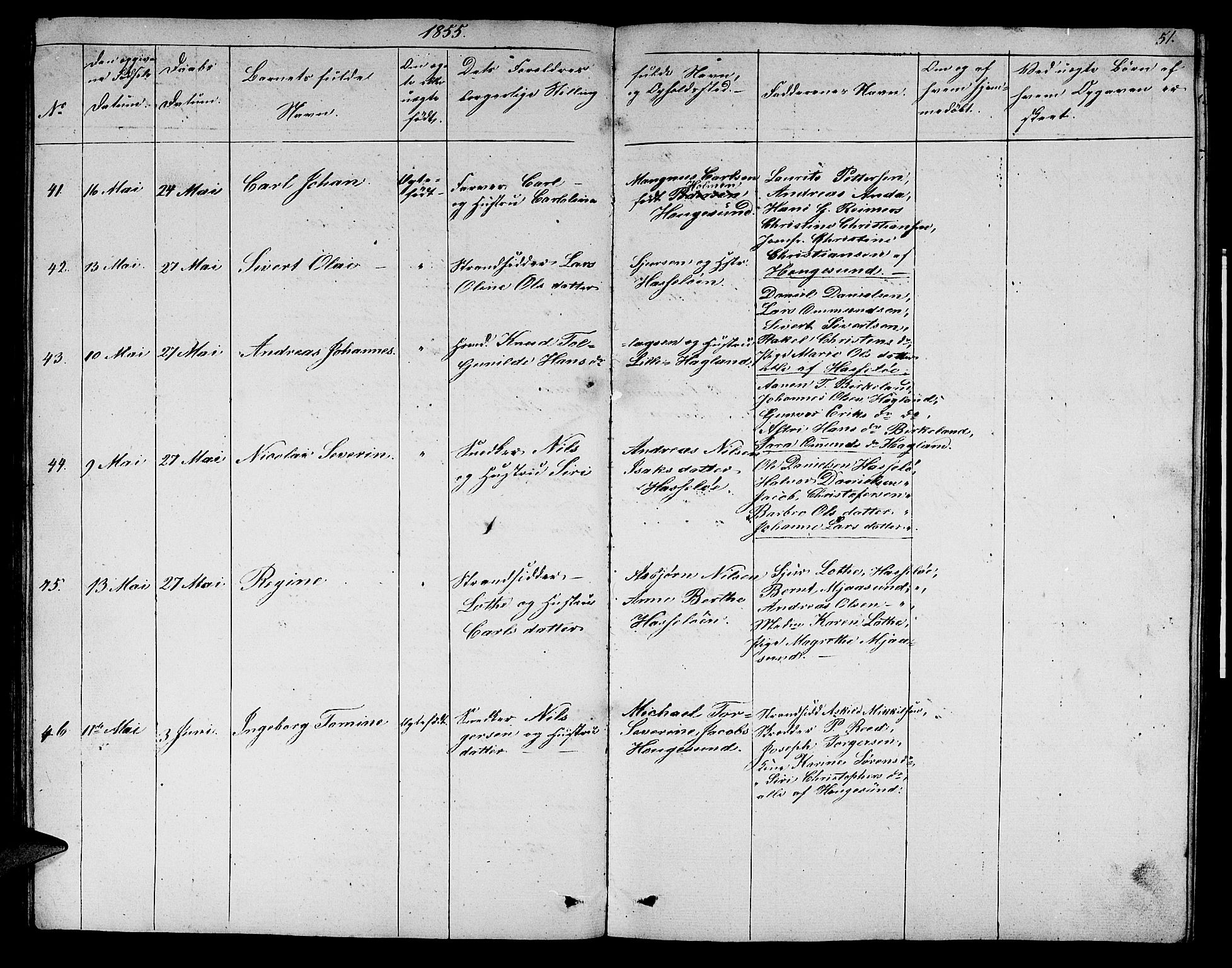 Torvastad sokneprestkontor, SAST/A -101857/H/Ha/Hab/L0004: Klokkerbok nr. B 4, 1850-1864, s. 51