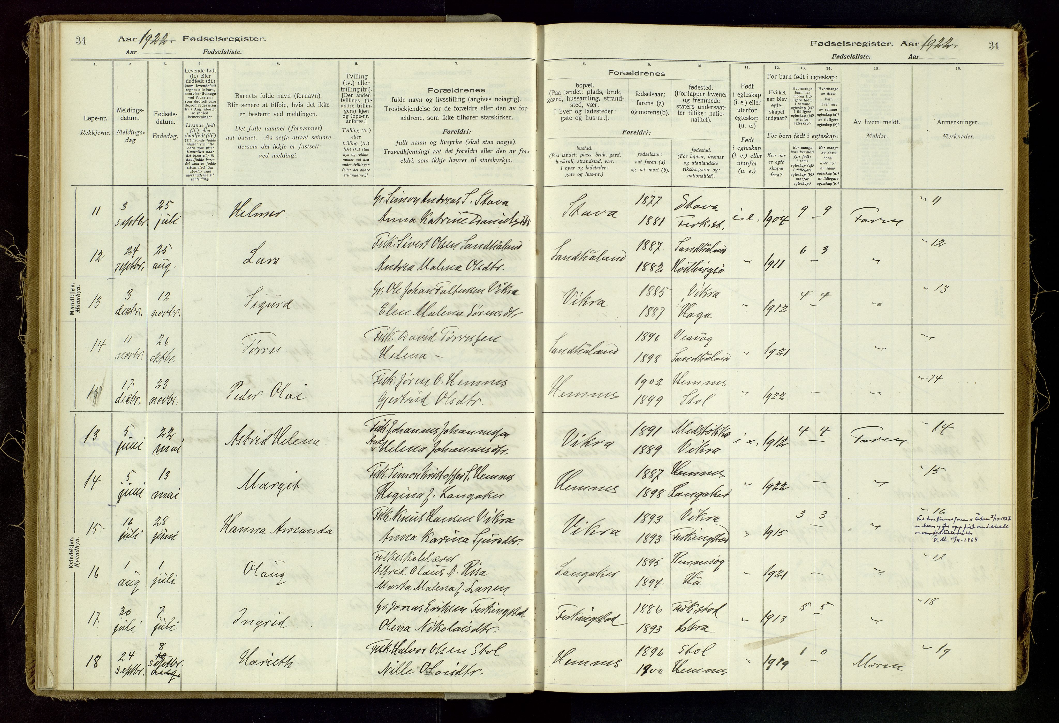 Skudenes sokneprestkontor, SAST/A -101849/I/Id/L0002: Fødselsregister nr. 2, 1916-1962, s. 34