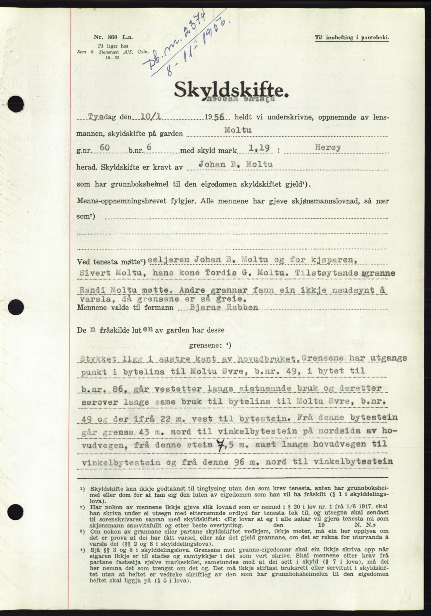 Søre Sunnmøre sorenskriveri, AV/SAT-A-4122/1/2/2C/L0104: Pantebok nr. 30A, 1956-1956, Dagboknr: 2374/1956