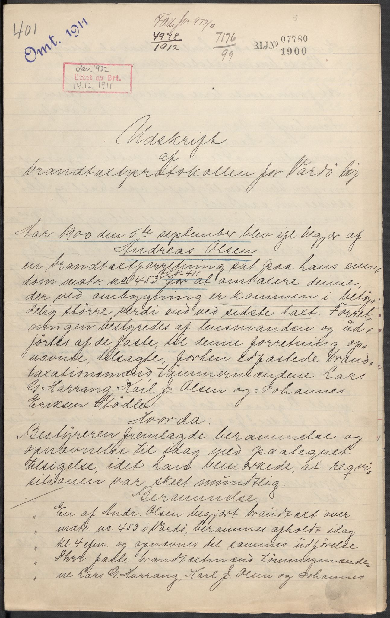 Norges Brannkasse, AV/RA-S-1549/E/Eu/L0019: Branntakster for Vardø by, 1889-1955, s. 23