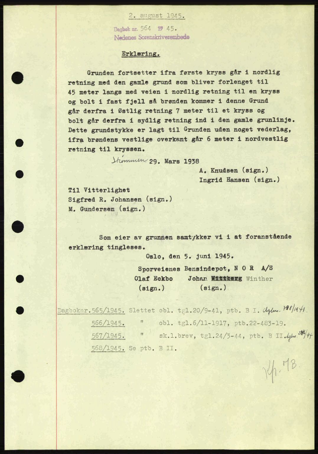 Nedenes sorenskriveri, AV/SAK-1221-0006/G/Gb/Gba/L0052: Pantebok nr. A6a, 1944-1945, Dagboknr: 564/1945