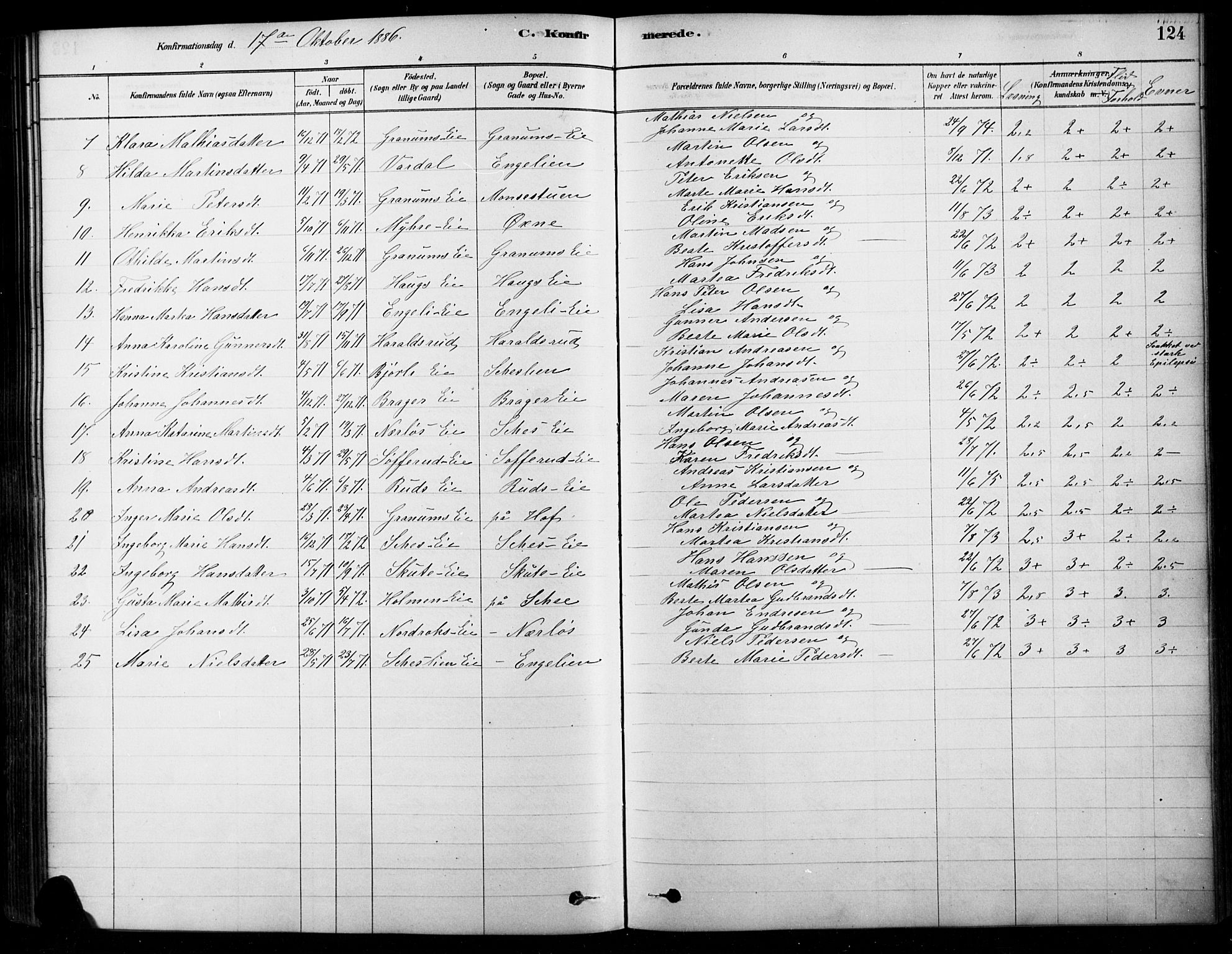 Søndre Land prestekontor, SAH/PREST-122/K/L0003: Ministerialbok nr. 3, 1878-1894, s. 124