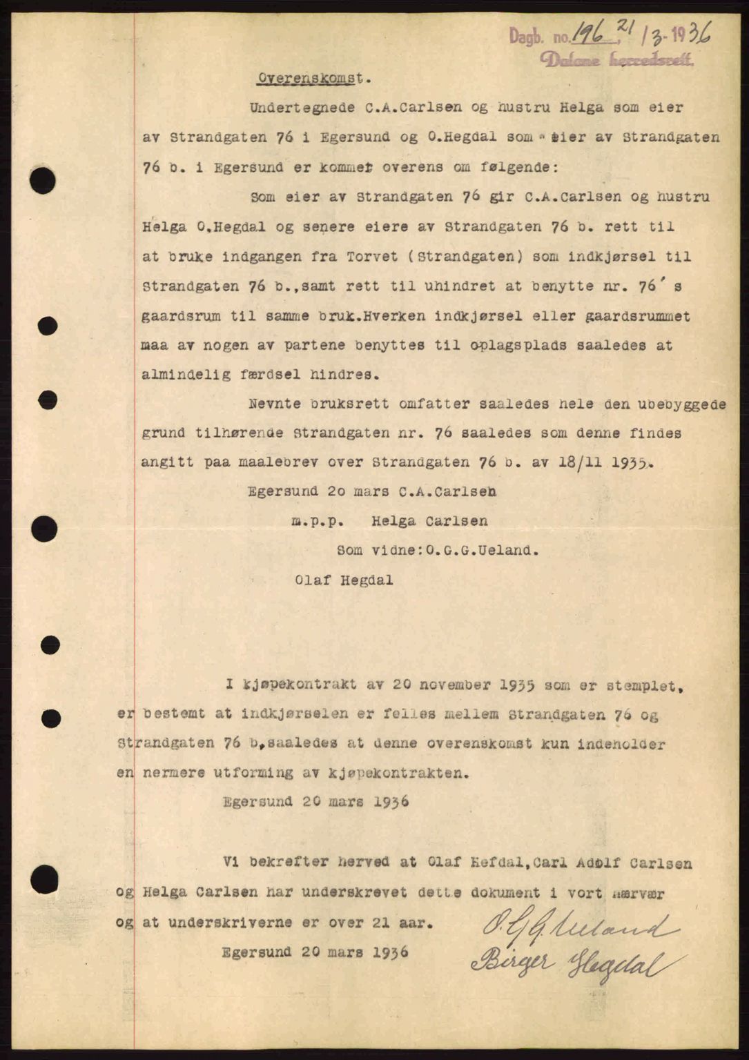 Dalane sorenskriveri, SAST/A-100309/02/G/Gb/L0040: Pantebok nr. A1, 1936-1936, Dagboknr: 196/1936