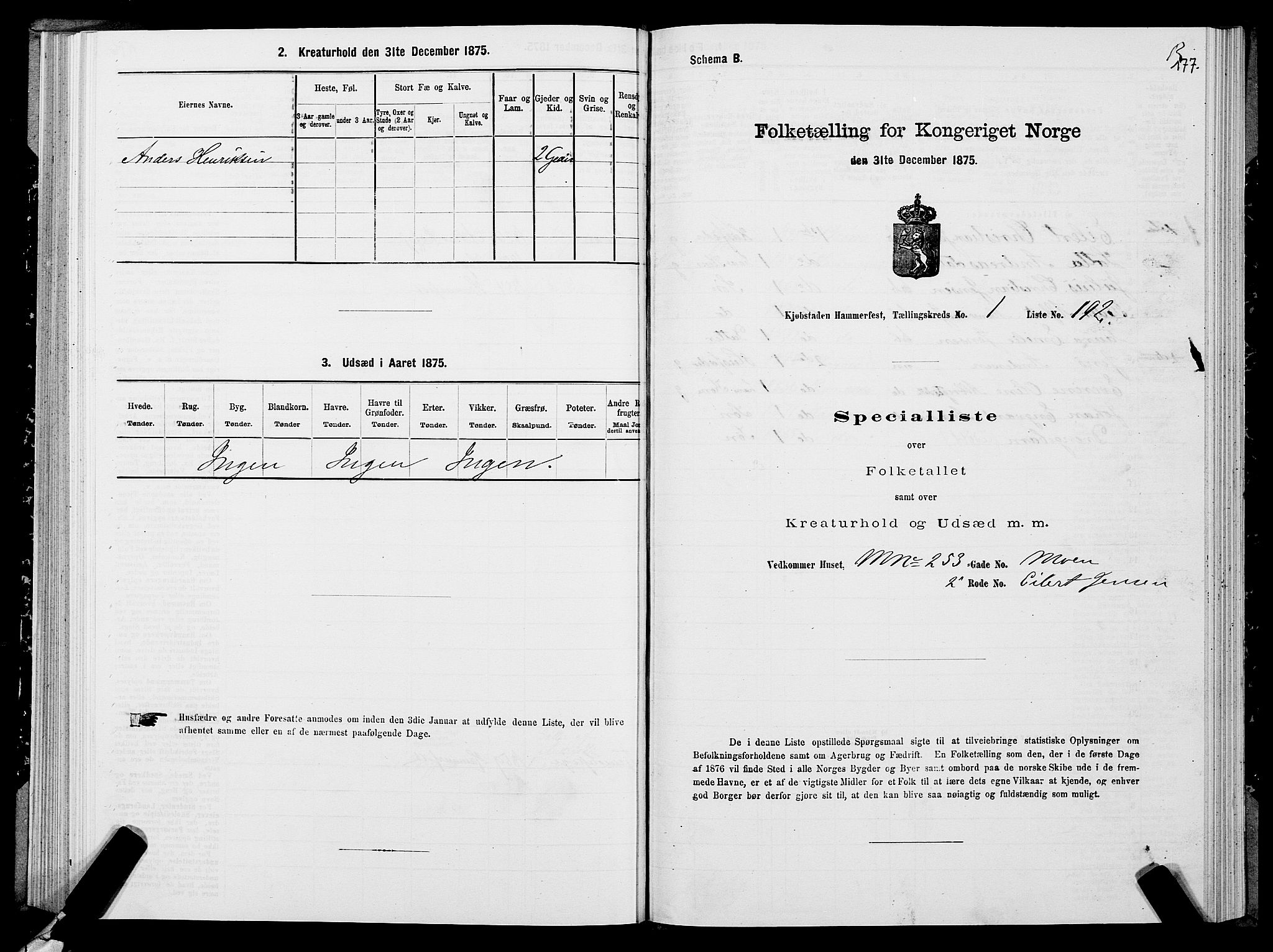 SATØ, Folketelling 1875 for 2001B Hammerfest prestegjeld, Hammerfest kjøpstad, 1875, s. 2177