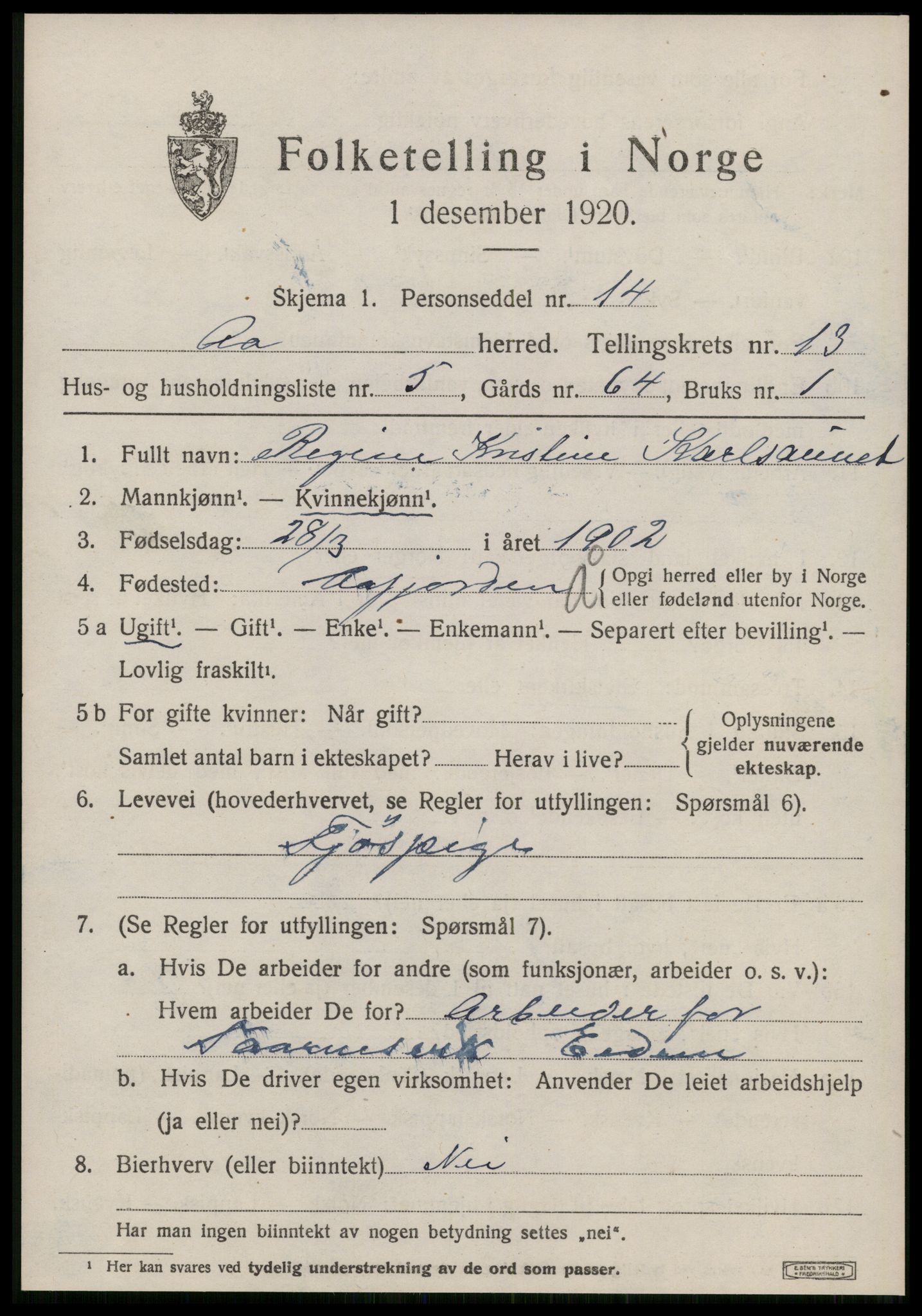 SAT, Folketelling 1920 for 1630 Å herred, 1920, s. 5560