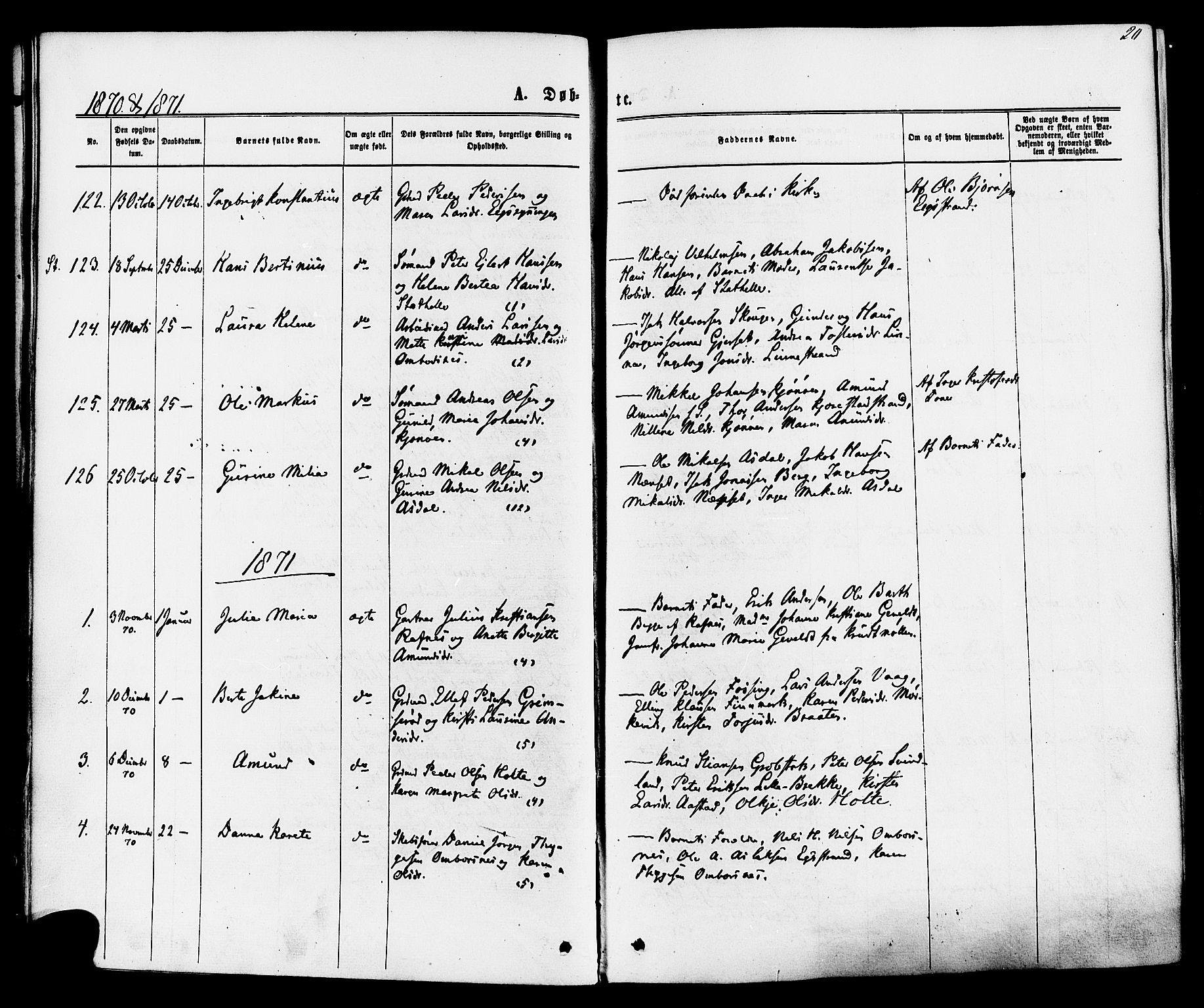 Bamble kirkebøker, AV/SAKO-A-253/F/Fa/L0006: Ministerialbok nr. I 6, 1869-1877, s. 20