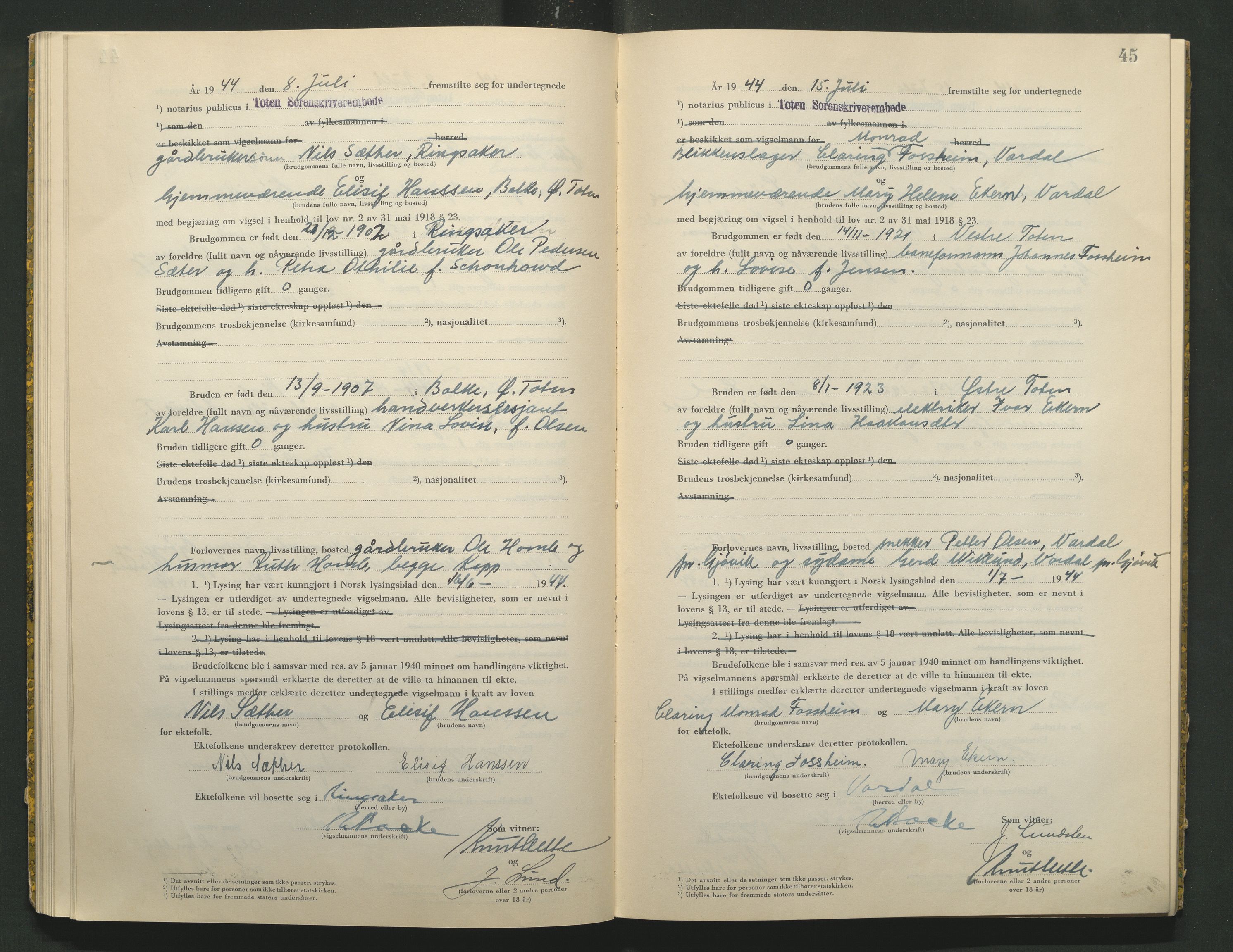 Toten tingrett, AV/SAH-TING-006/L/Lc/L0004: Vigselbok, 1944, s. 45