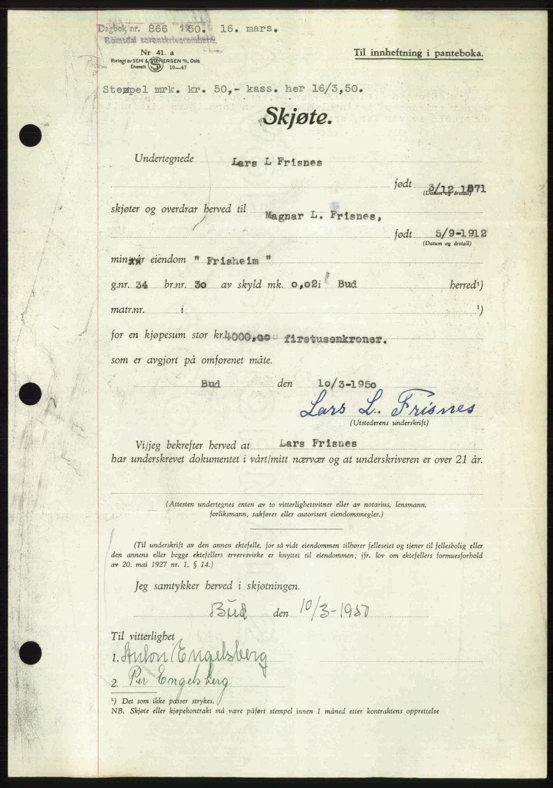 Romsdal sorenskriveri, SAT/A-4149/1/2/2C: Pantebok nr. A32, 1950-1950, Dagboknr: 866/1950