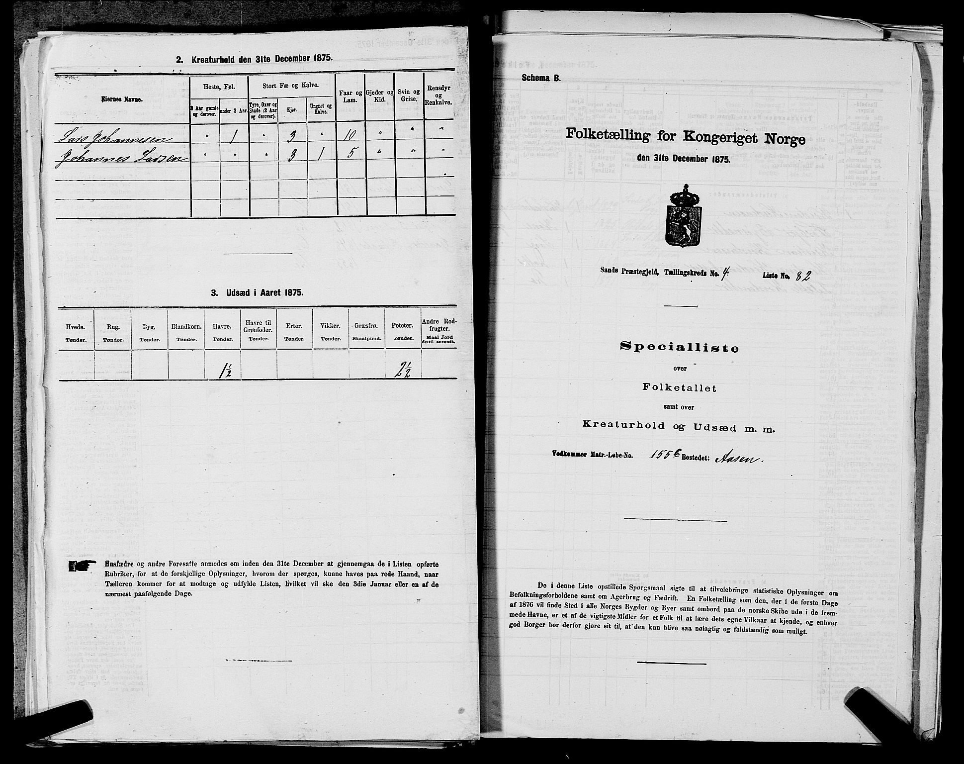 SAST, Folketelling 1875 for 1136P Sand prestegjeld, 1875, s. 1422