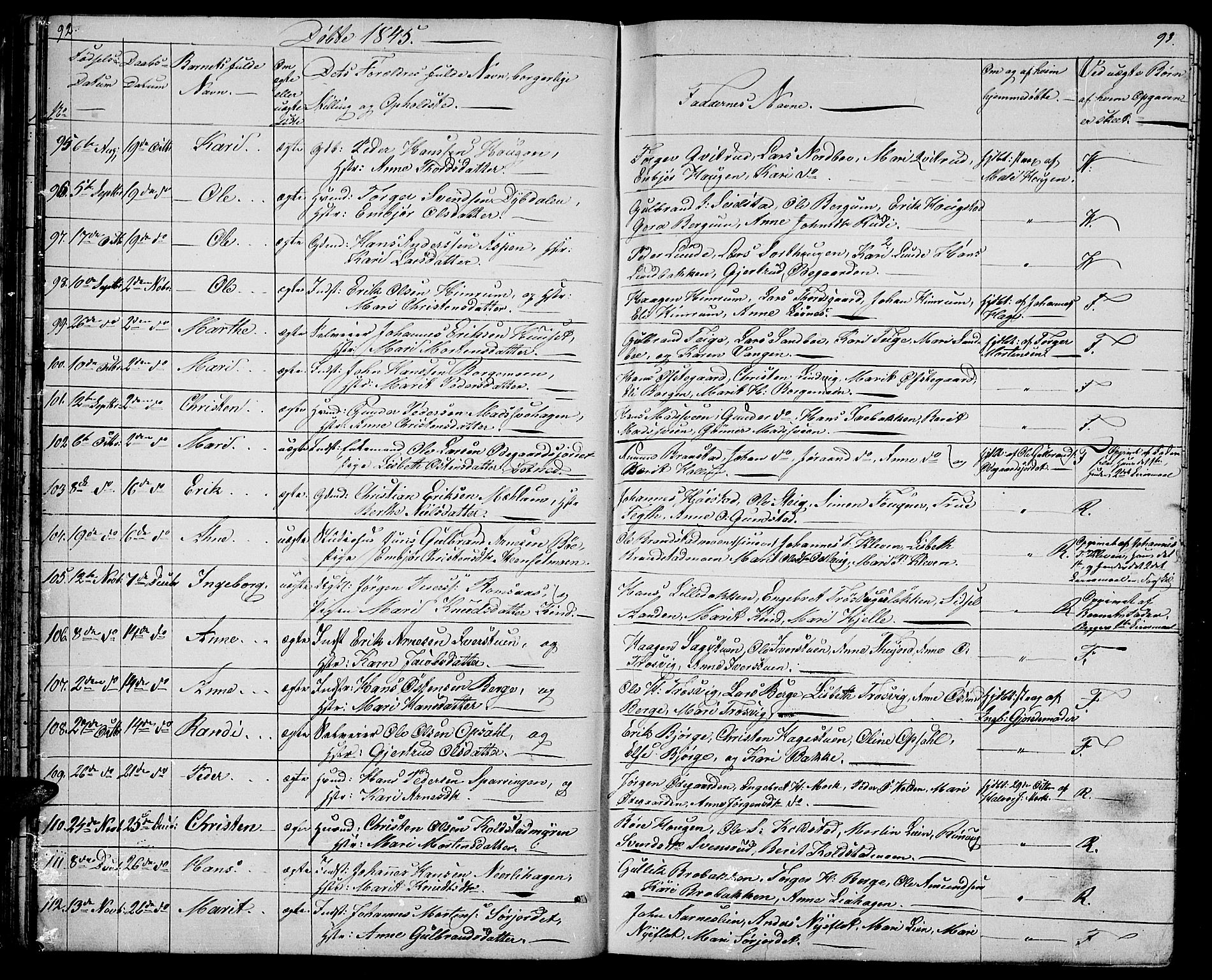 Ringebu prestekontor, AV/SAH-PREST-082/H/Ha/Hab/L0002: Klokkerbok nr. 2, 1839-1853, s. 92-93