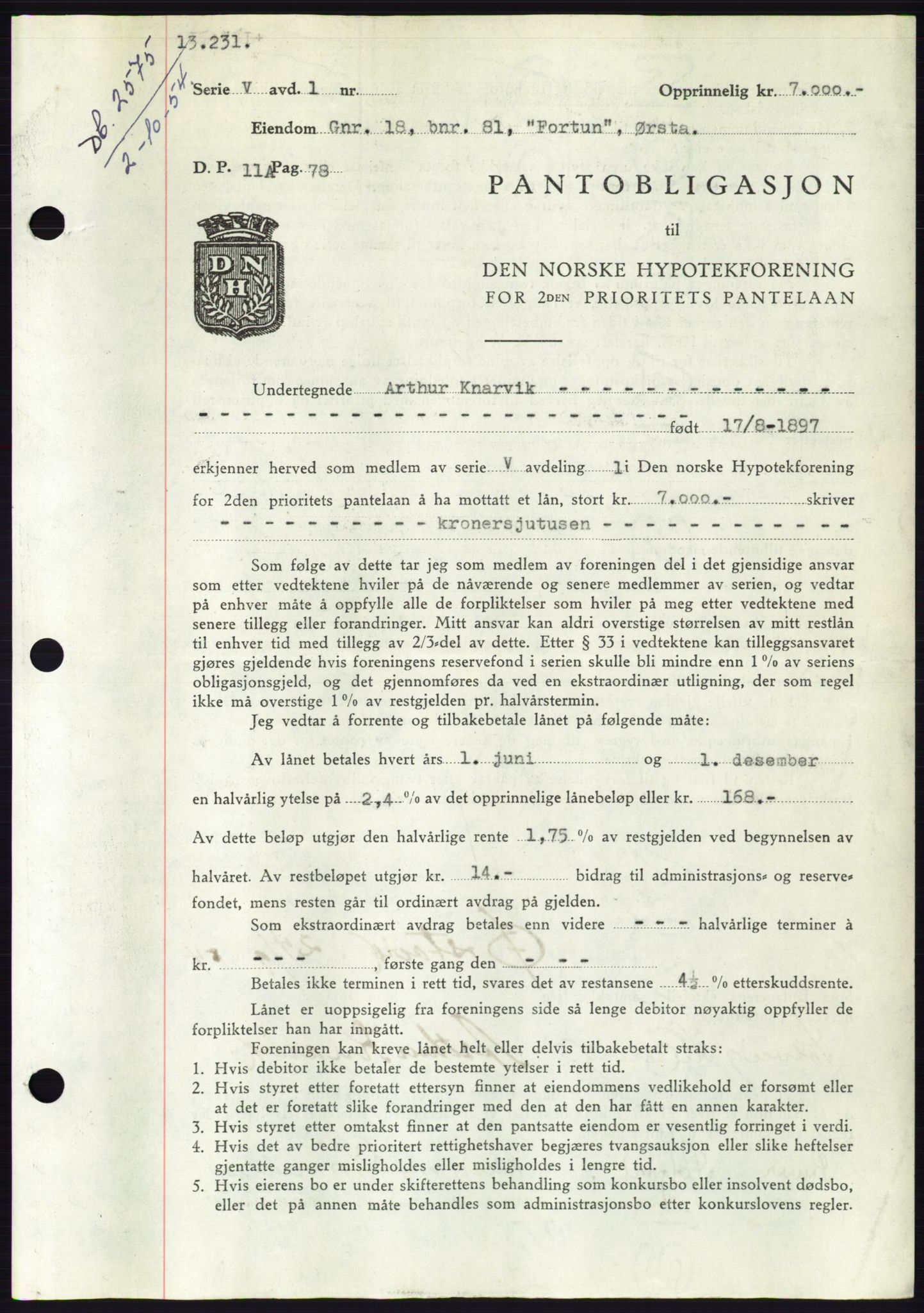 Søre Sunnmøre sorenskriveri, AV/SAT-A-4122/1/2/2C/L0126: Pantebok nr. 14B, 1954-1955, Dagboknr: 2575/1954