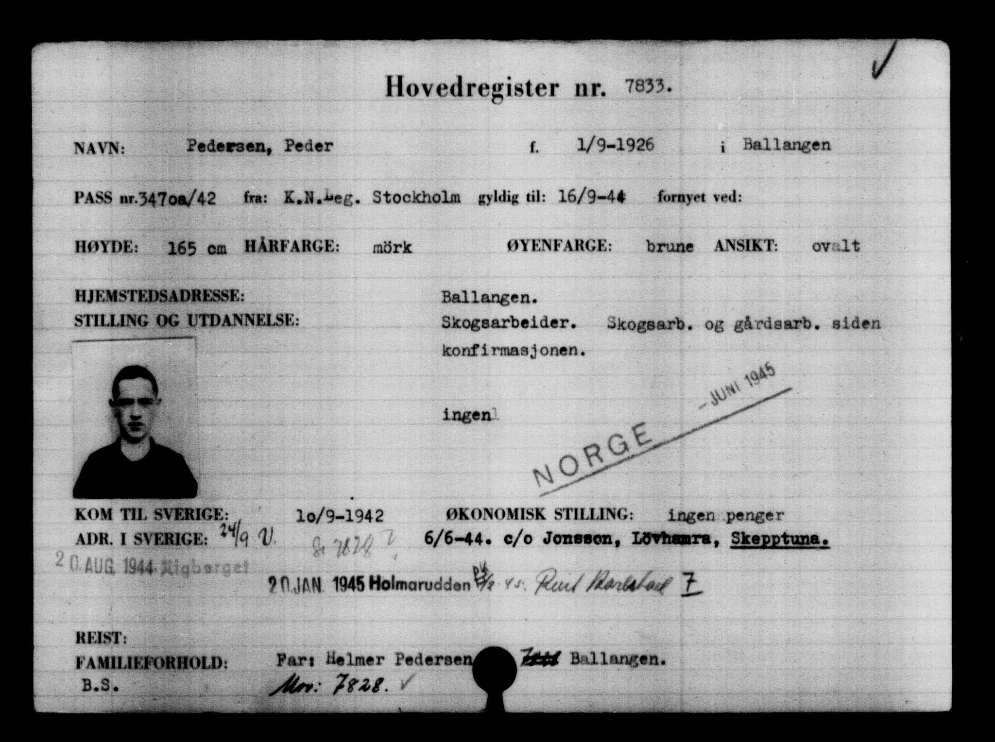 Utenriksstasjonene, Legasjonen i Stockholm, Flyktningkontoret, AV/RA-S-6753/V/Va/L0005: Kjesäterkartoteket, flyktning nr. 6600-9417, 1940-1945, s. 1445