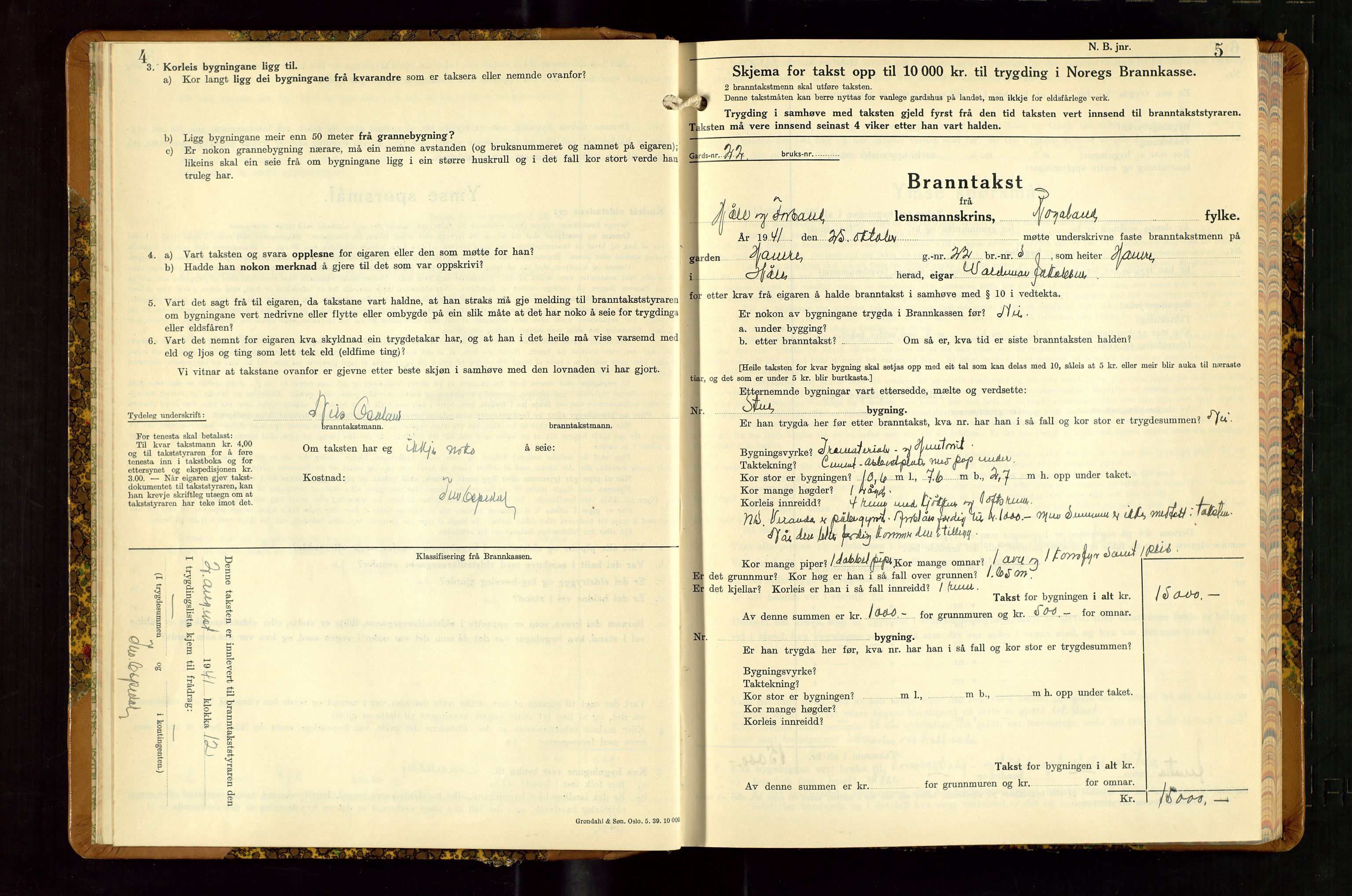 Høle og Forsand lensmannskontor, AV/SAST-A-100127/Gob/L0002: "Branntakstbok" - skjematakst, 1941-1955, s. 4-5