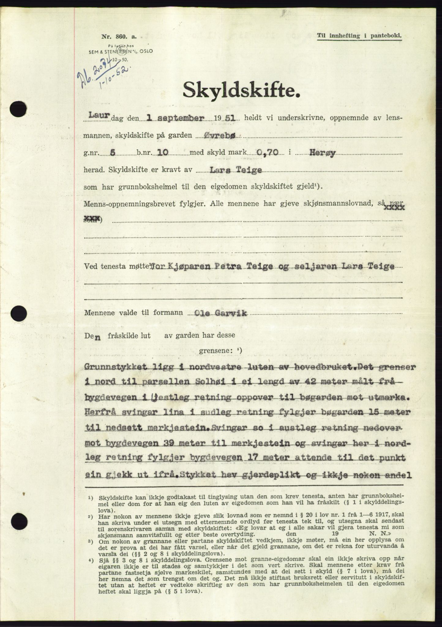 Søre Sunnmøre sorenskriveri, SAT/A-4122/1/2/2C/L0093: Pantebok nr. 19A, 1952-1953, Dagboknr: 2074/1952