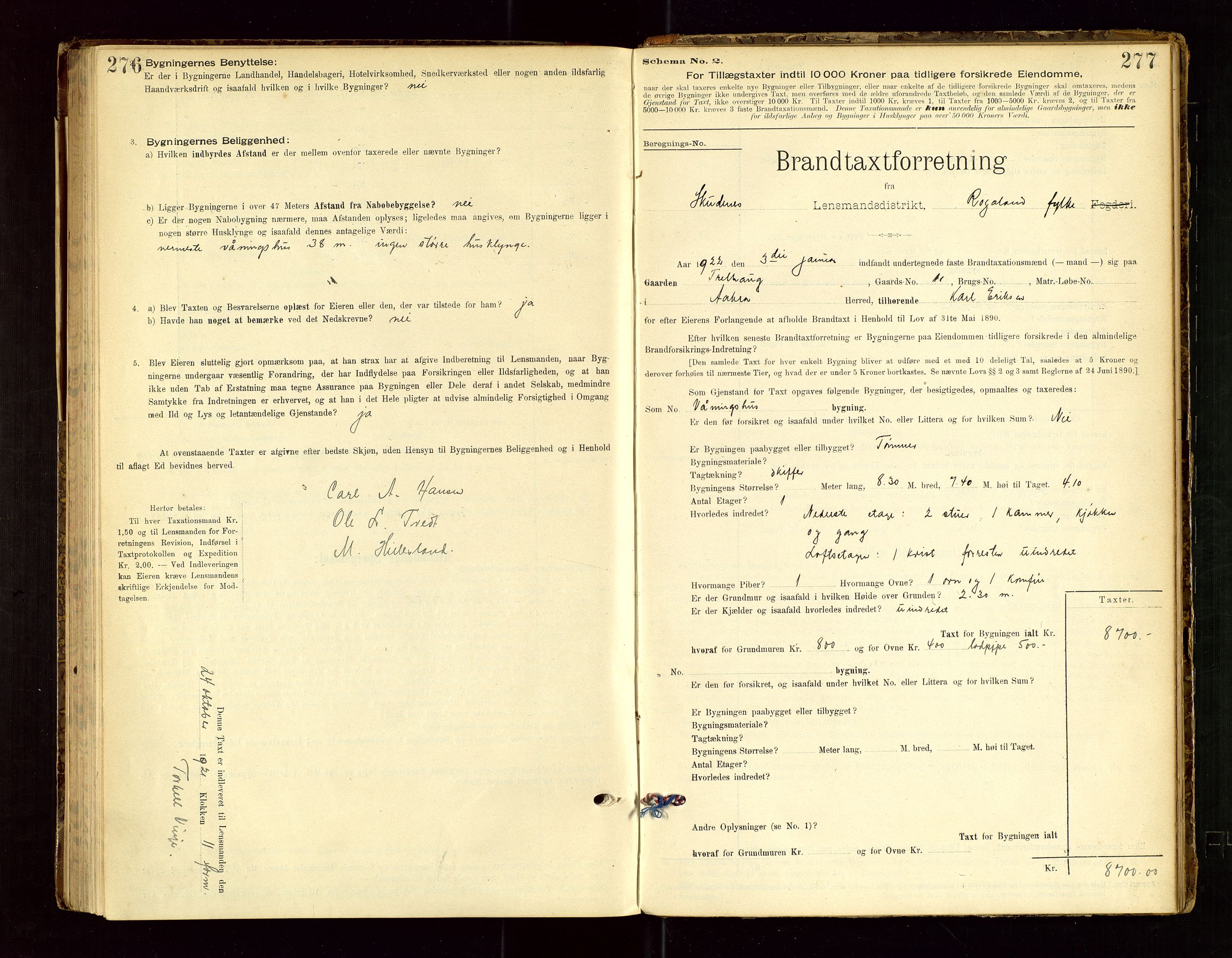 Skudenes lensmannskontor, SAST/A-100444/Gob/L0001: "Brandtaxationsprotokoll", 1895-1924, s. 276-277
