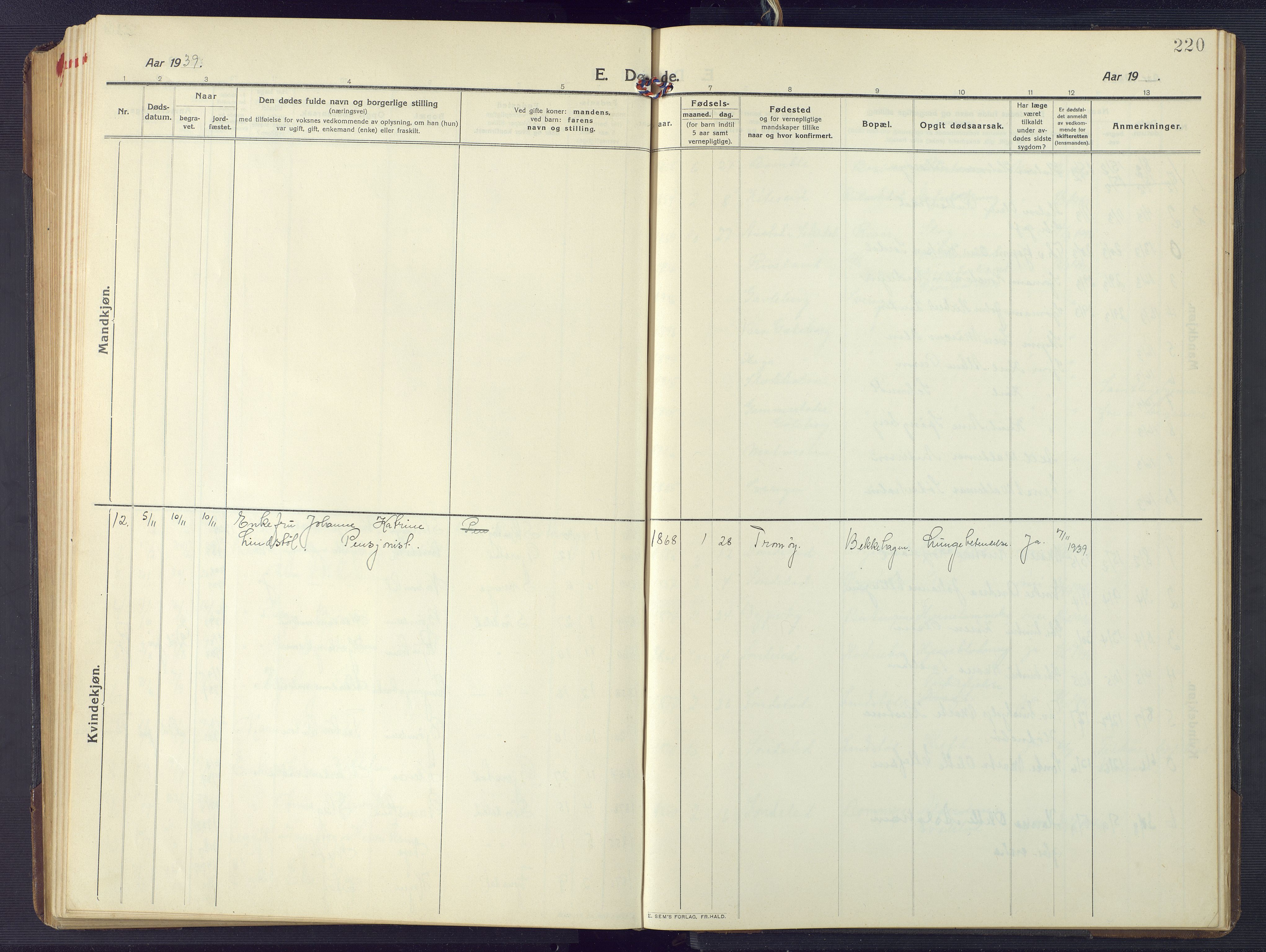 Søndeled sokneprestkontor, AV/SAK-1111-0038/F/Fb/L0006: Klokkerbok nr. B 7, 1912-1947, s. 220