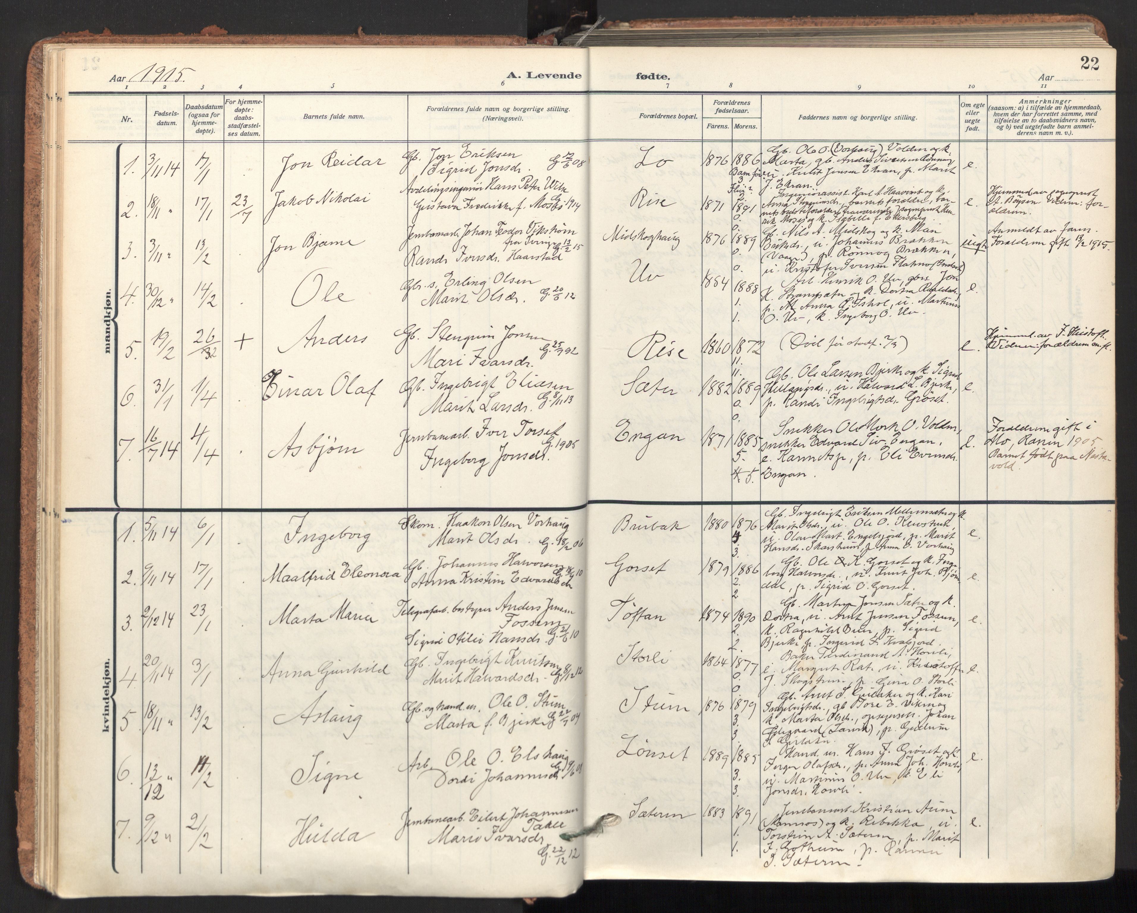Ministerialprotokoller, klokkerbøker og fødselsregistre - Sør-Trøndelag, AV/SAT-A-1456/678/L0909: Ministerialbok nr. 678A17, 1912-1930, s. 22