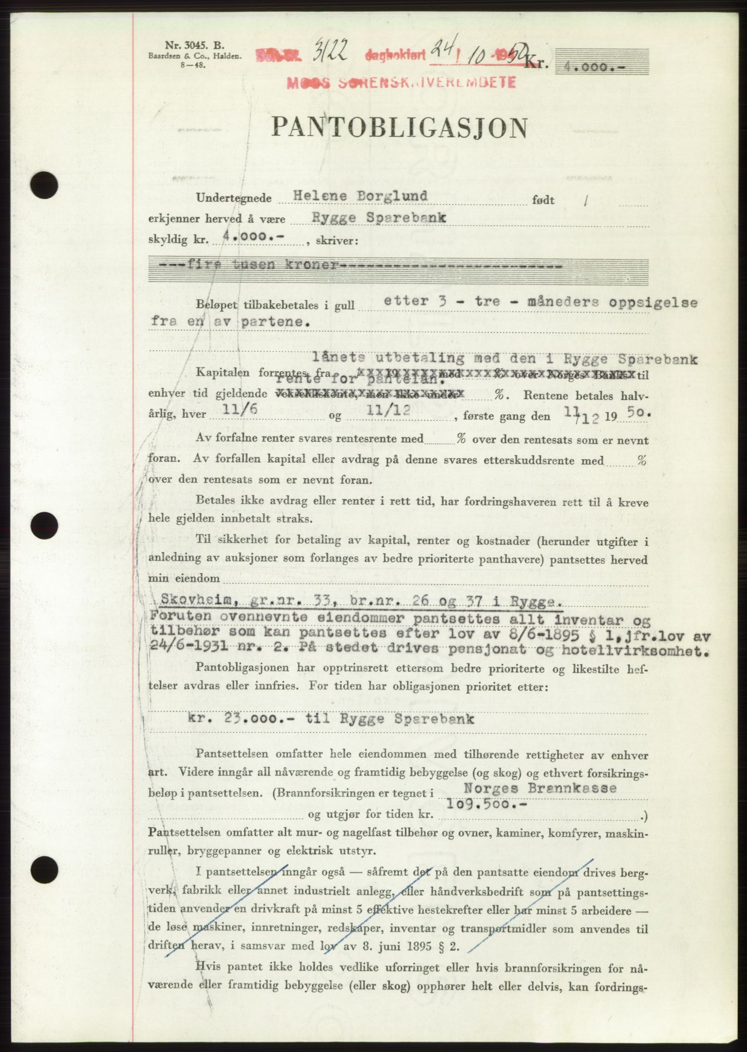 Moss sorenskriveri, SAO/A-10168: Pantebok nr. B25, 1950-1950, Dagboknr: 3122/1950