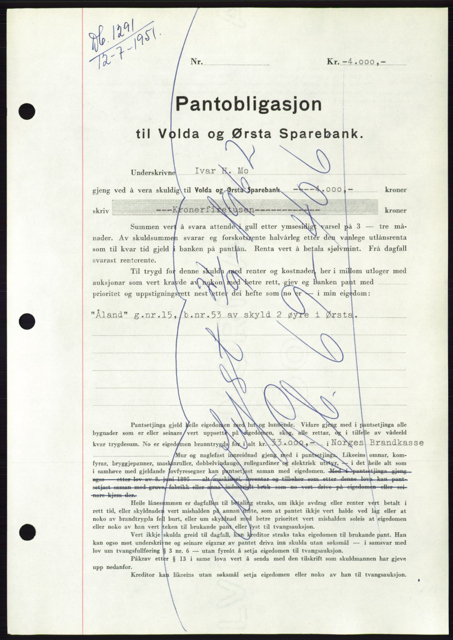Søre Sunnmøre sorenskriveri, AV/SAT-A-4122/1/2/2C/L0120: Pantebok nr. 8B, 1951-1951, Dagboknr: 1291/1951