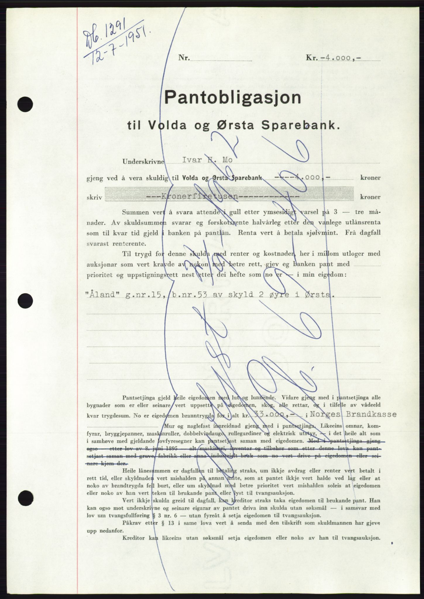 Søre Sunnmøre sorenskriveri, SAT/A-4122/1/2/2C/L0120: Pantebok nr. 8B, 1951-1951, Dagboknr: 1291/1951