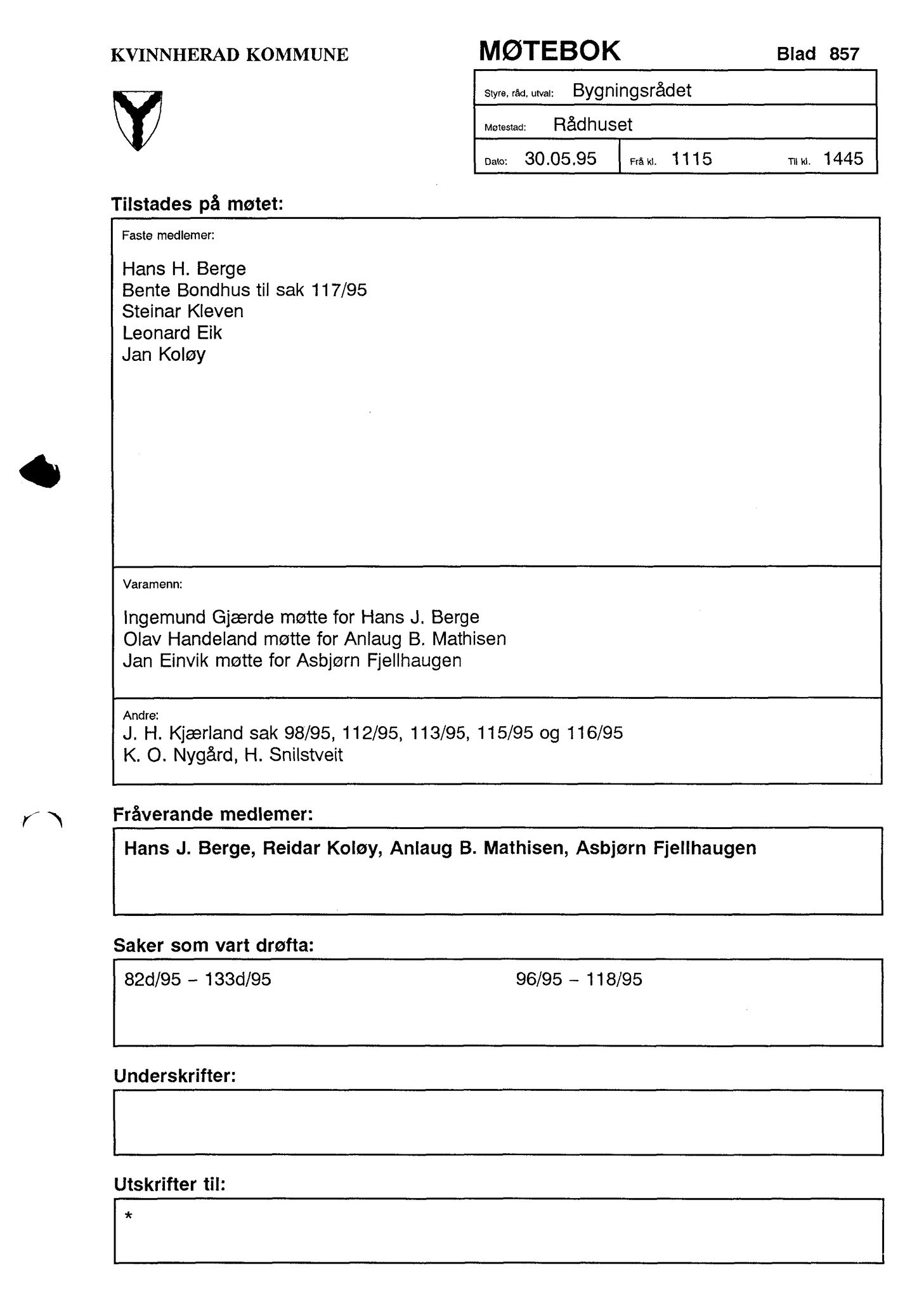 Kvinnherad kommune. Bygningsrådet , IKAH/1224-511/A/Aa/L0092: Møtebok for Kvinnherad bygningsråd, 1995