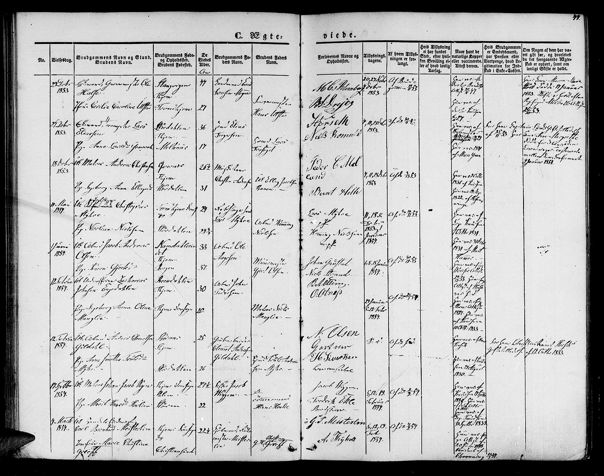 Ministerialprotokoller, klokkerbøker og fødselsregistre - Sør-Trøndelag, SAT/A-1456/602/L0111: Ministerialbok nr. 602A09, 1844-1867, s. 44