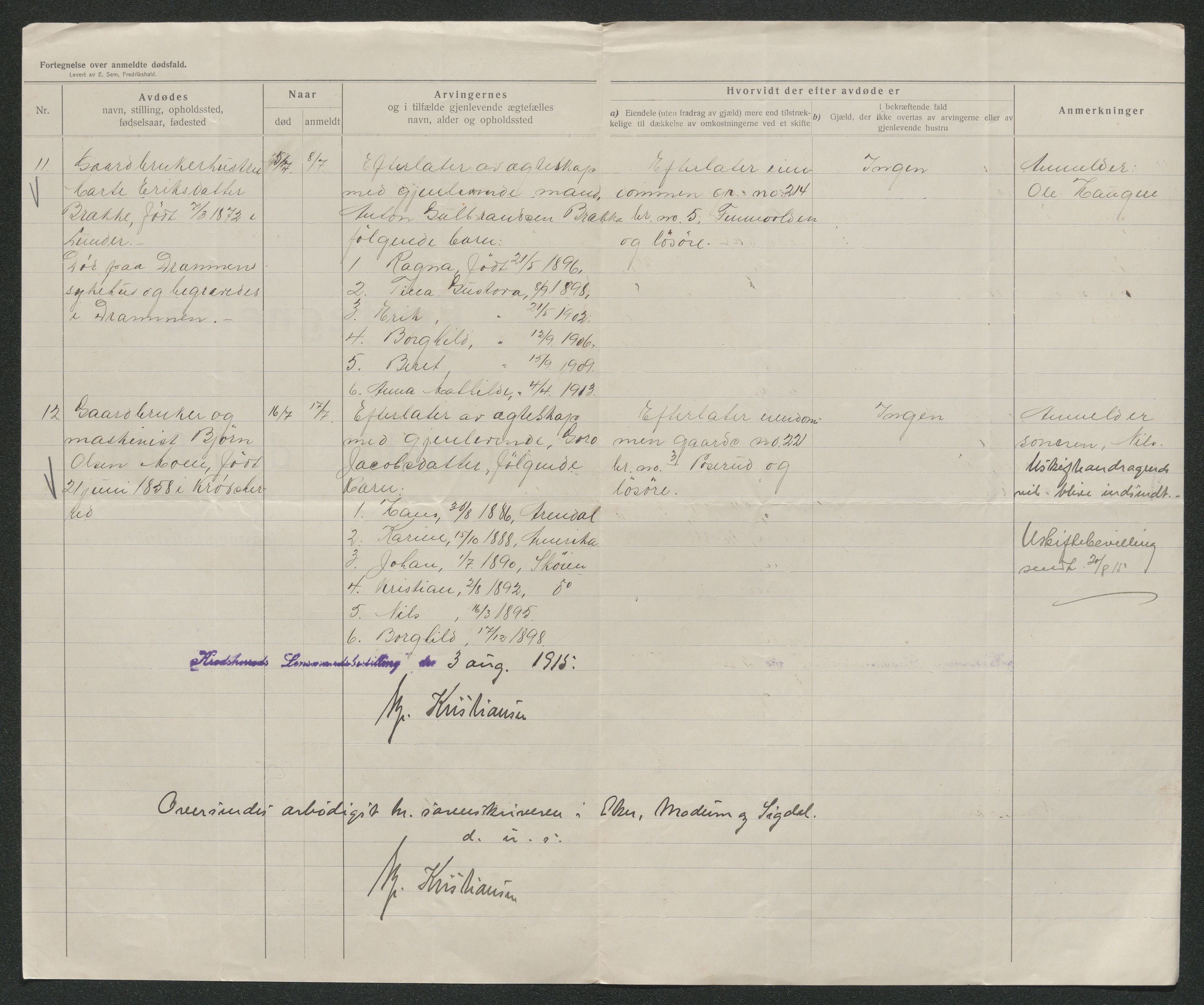 Eiker, Modum og Sigdal sorenskriveri, AV/SAKO-A-123/H/Ha/Hab/L0037: Dødsfallsmeldinger, 1914-1915, s. 661