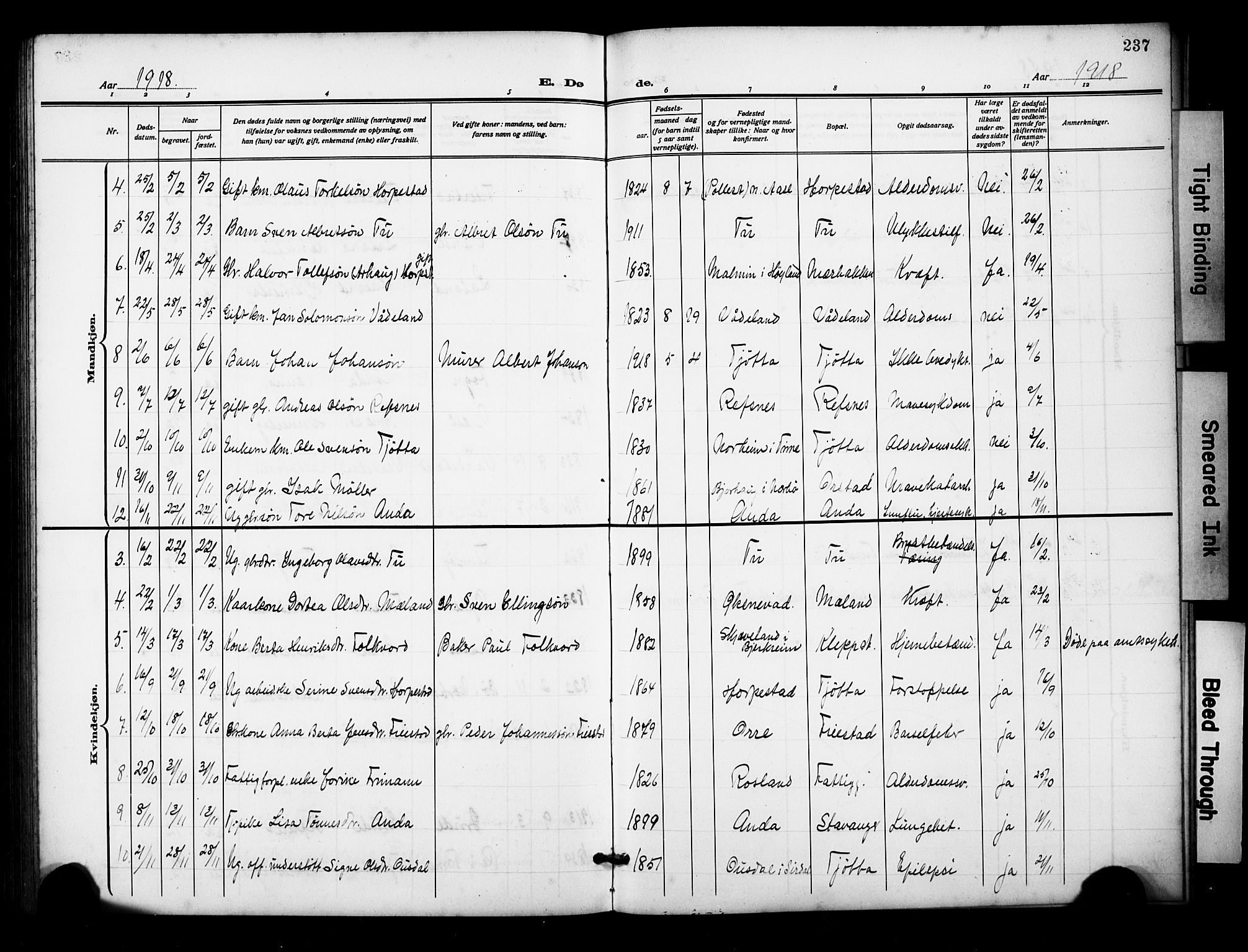 Klepp sokneprestkontor, AV/SAST-A-101803/001/3/30BB/L0007: Klokkerbok nr. B 7, 1908-1934, s. 237